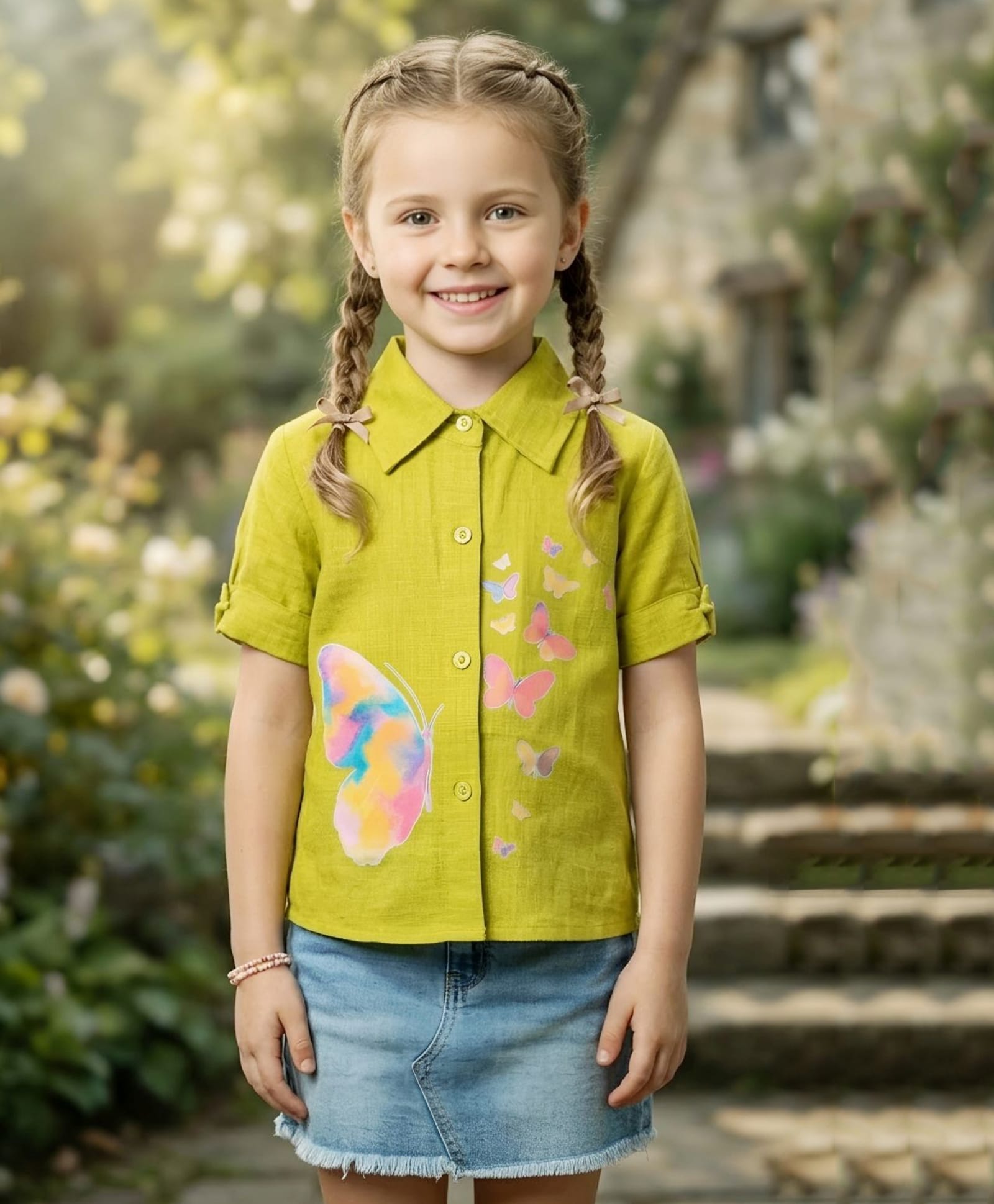 Lei-Chie Cotton Woven Half Sleeves Butterfly Printed Shirt Style Top - Light Green-picture-31