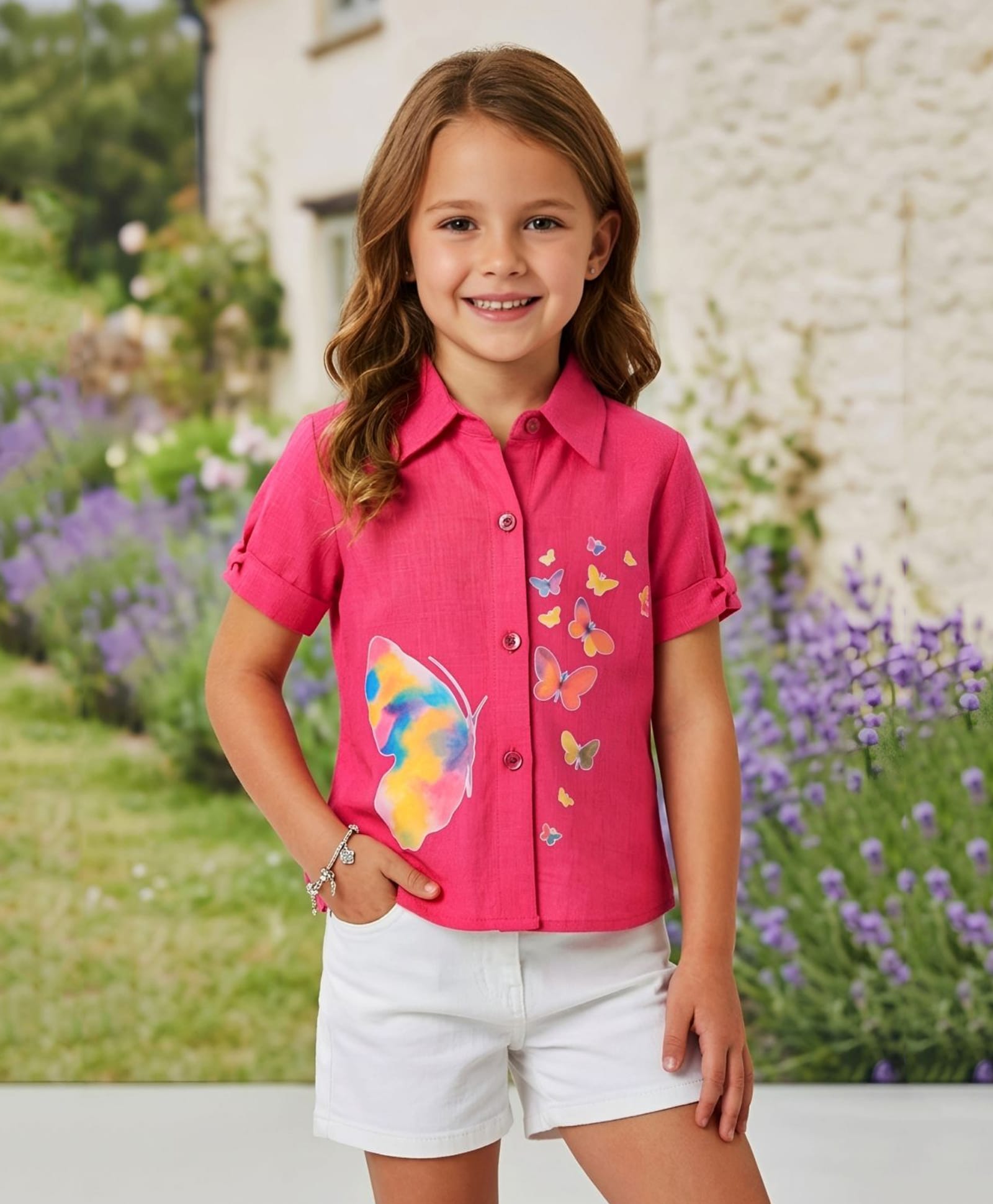 Lei-Chie Cotton Woven Half Sleeves Butterfly Printed Shirt Style Top - Pink-picture-24