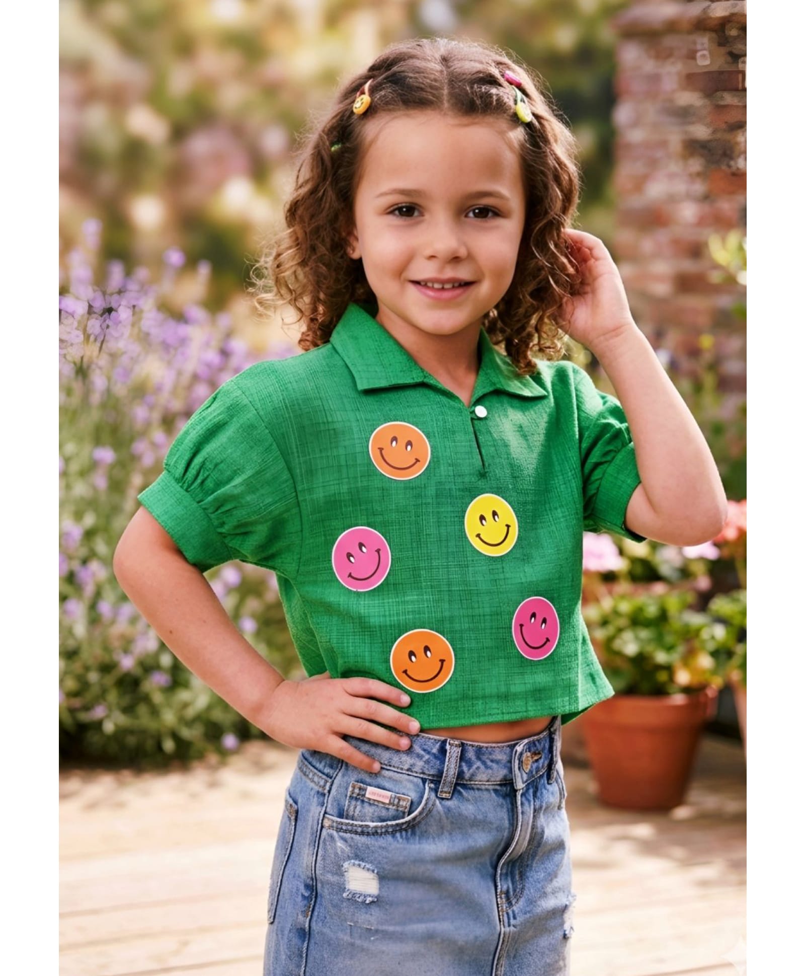 Lei-Chie Cotton Woven Half Sleeves Smiley Printed Top - Dark Green-picture-17