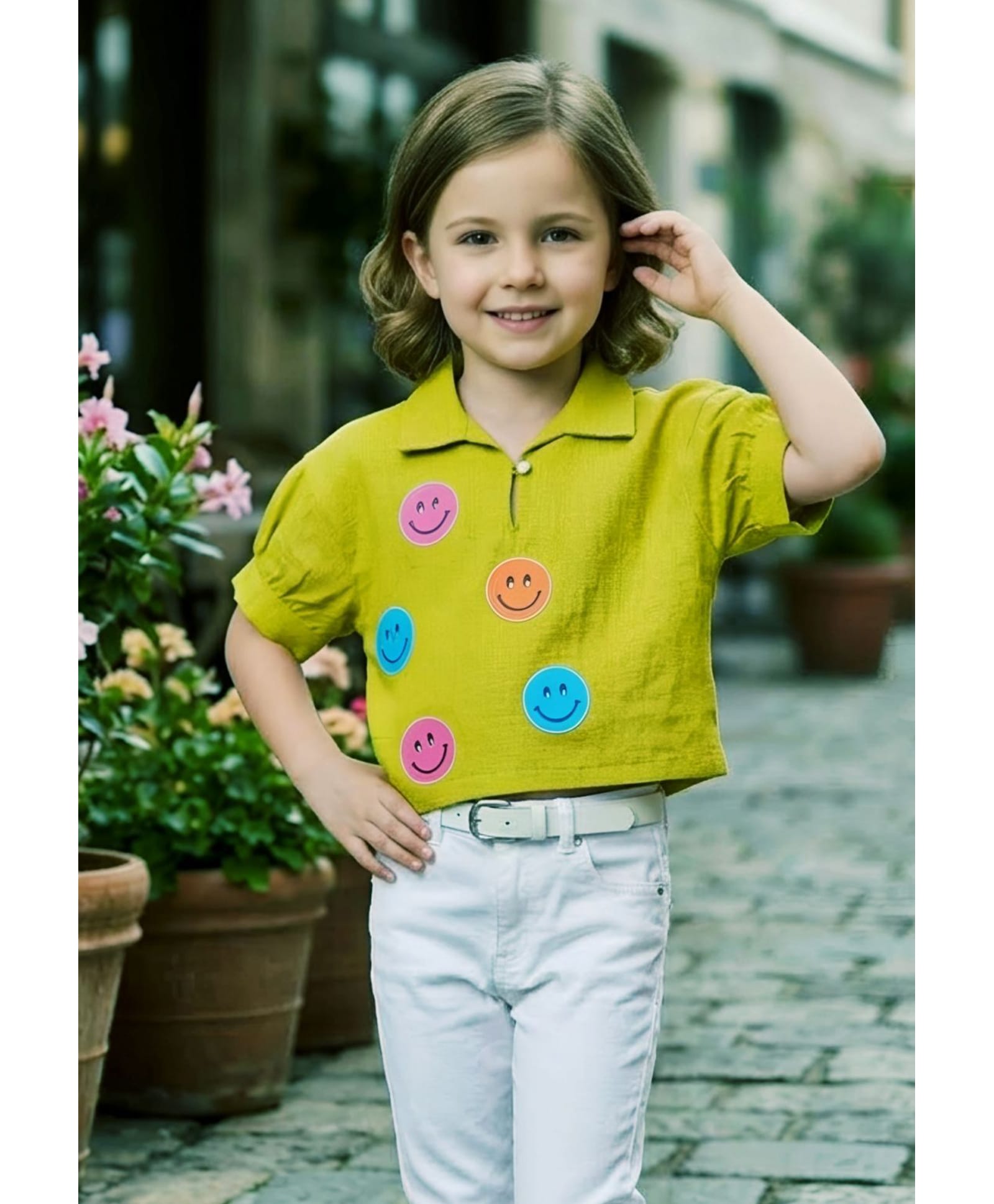 Lei-Chie Cotton Woven Half Sleeves Smiley Printed Top - Light Green-picture-30