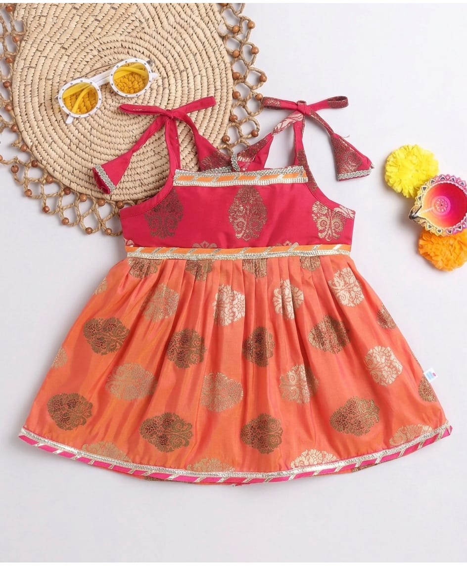 Many frocks & Brocade Woven Sleeveless Floral Embroidered Lace Embellished Dress - Peach & Pink-image-15
