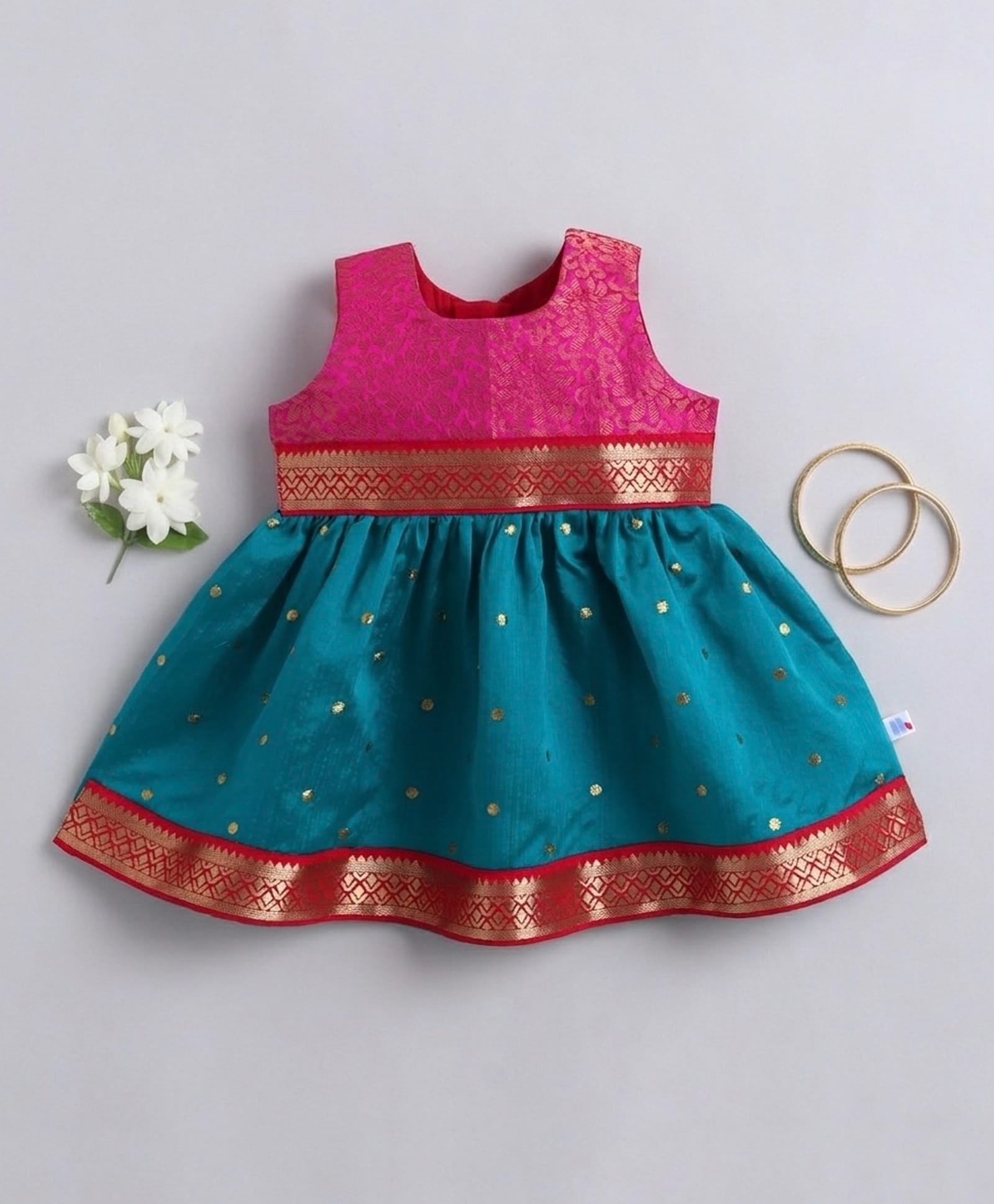 Many frocks & Woven Sleeveless Lace Embellished Floral Embroidered Dress - Green & Pink-image-31
