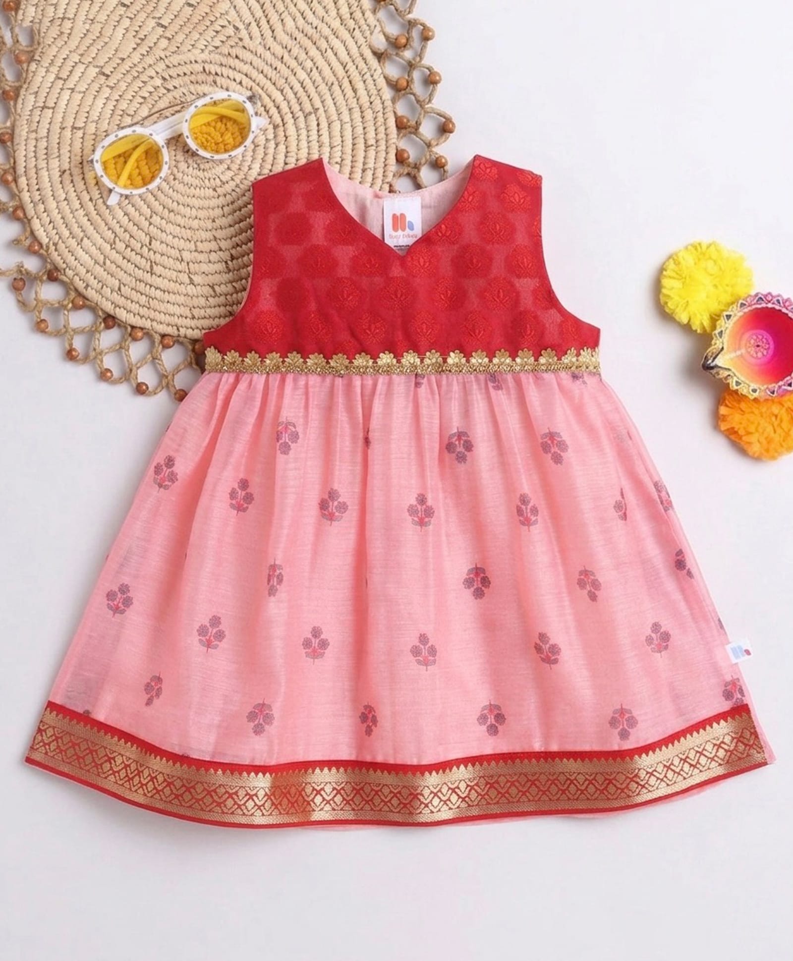 Many frocks & Chanderi Woven Sleeveless Lace Embellished Floral Printed Dress - Peach & Red-image-20