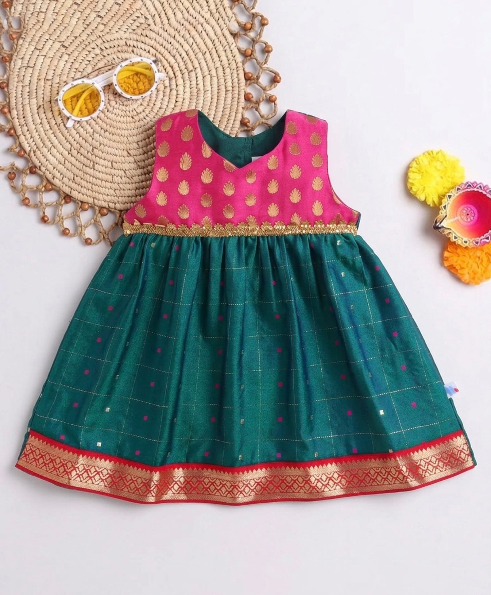 Many frocks & Woven Sleeveless Lace Embellished Geometric Printed Dress - Green & Pink-image-35