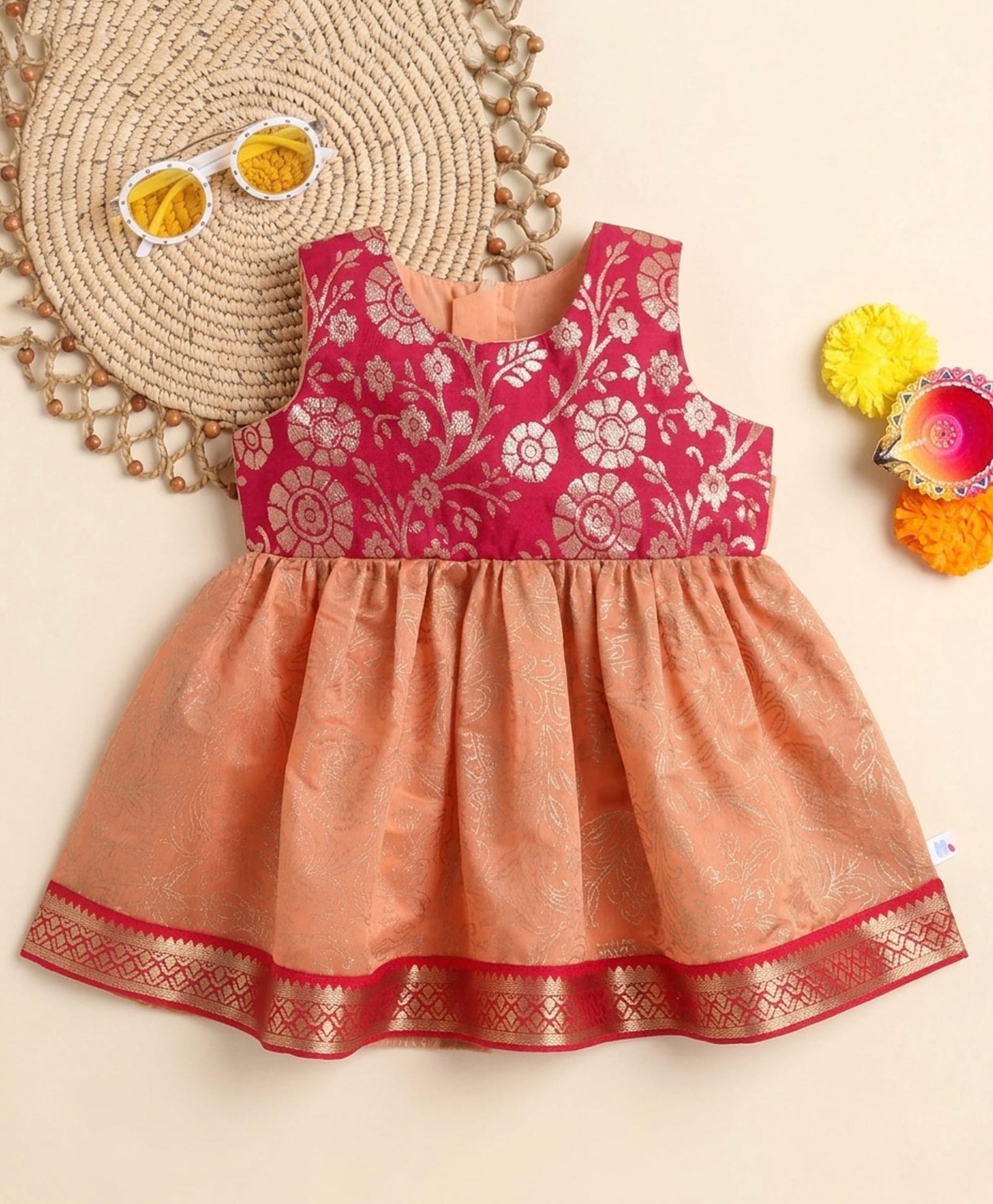 Many frocks & Chanderi Woven Sleeveless Floral Foil Printed Dress - Peach & Pink-image-39