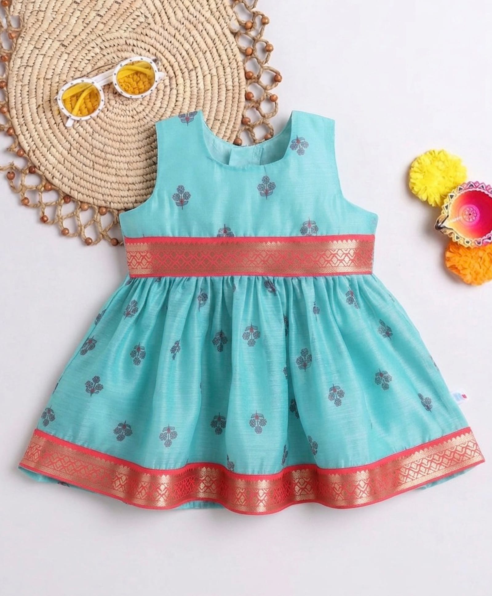 Many frocks & Chanderi Woven Sleeveless Floral Printed Lace Embellished Dress - Blue-image-31