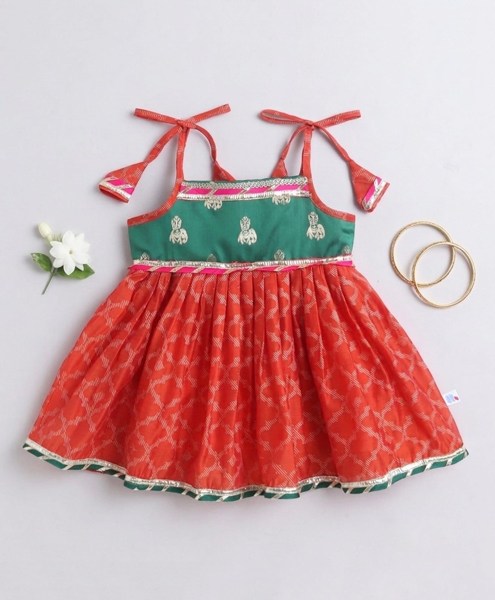 Many frocks & Chanderi Woven Sleeveless Lace Embellished Abstract Printed Dress - Orange & Green-image-17