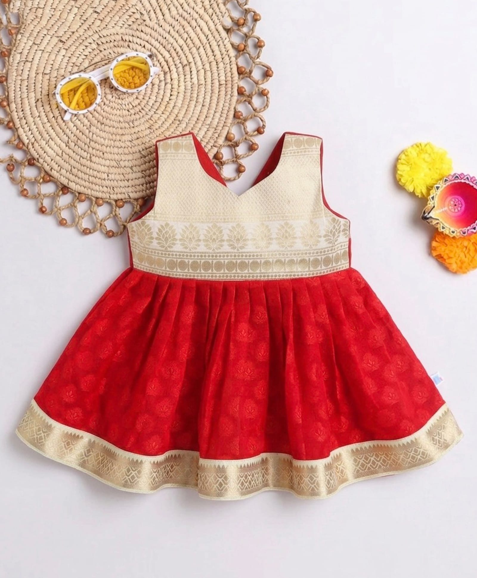 Many frocks & Chanderi Woven Sleeveless Floral Embroidered Dress - Red & Cream-image-25