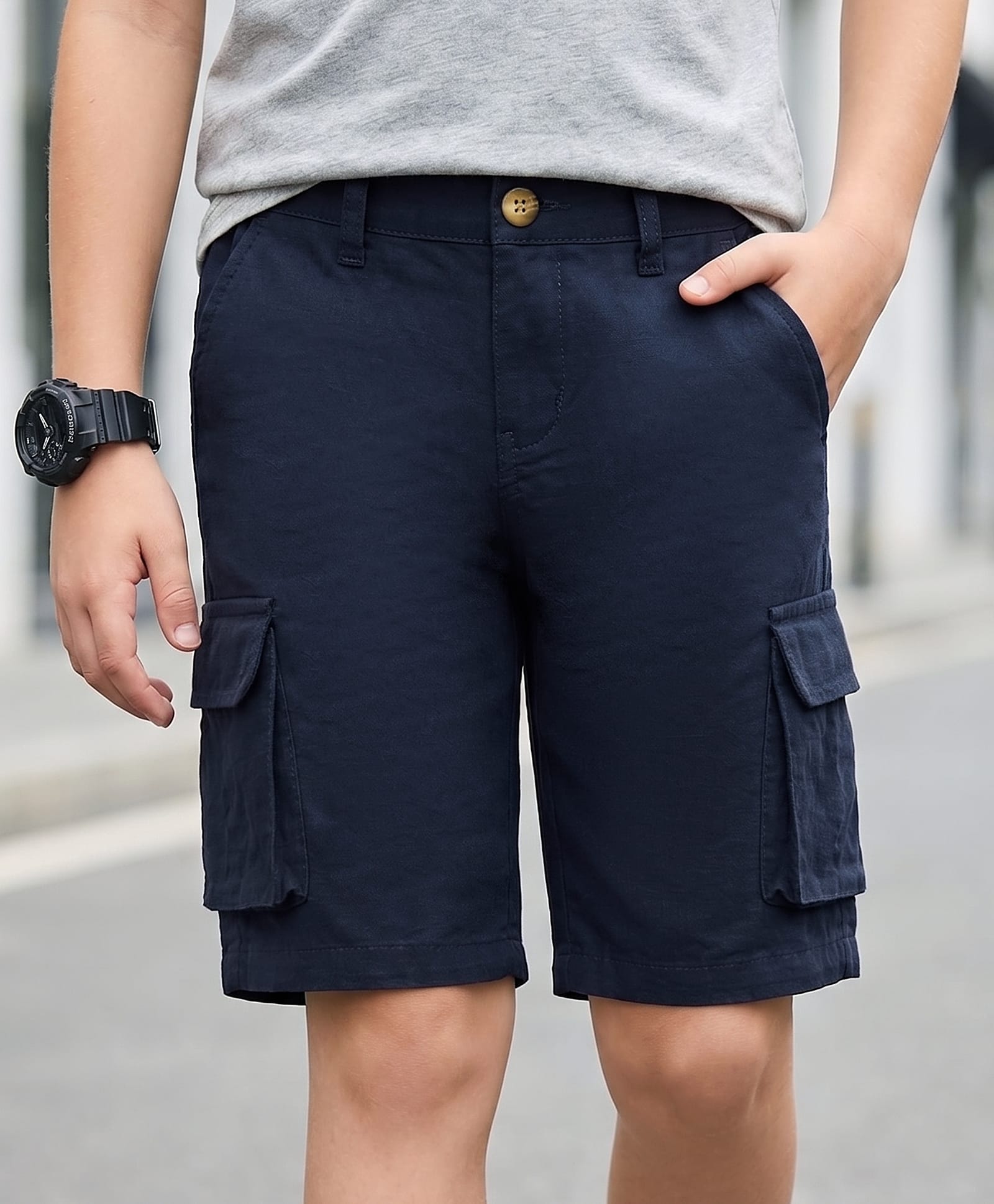 Pine Kids Cotton Elastane Woven Above Knee Length Solid Shorts - Navy Blue-picture-22
