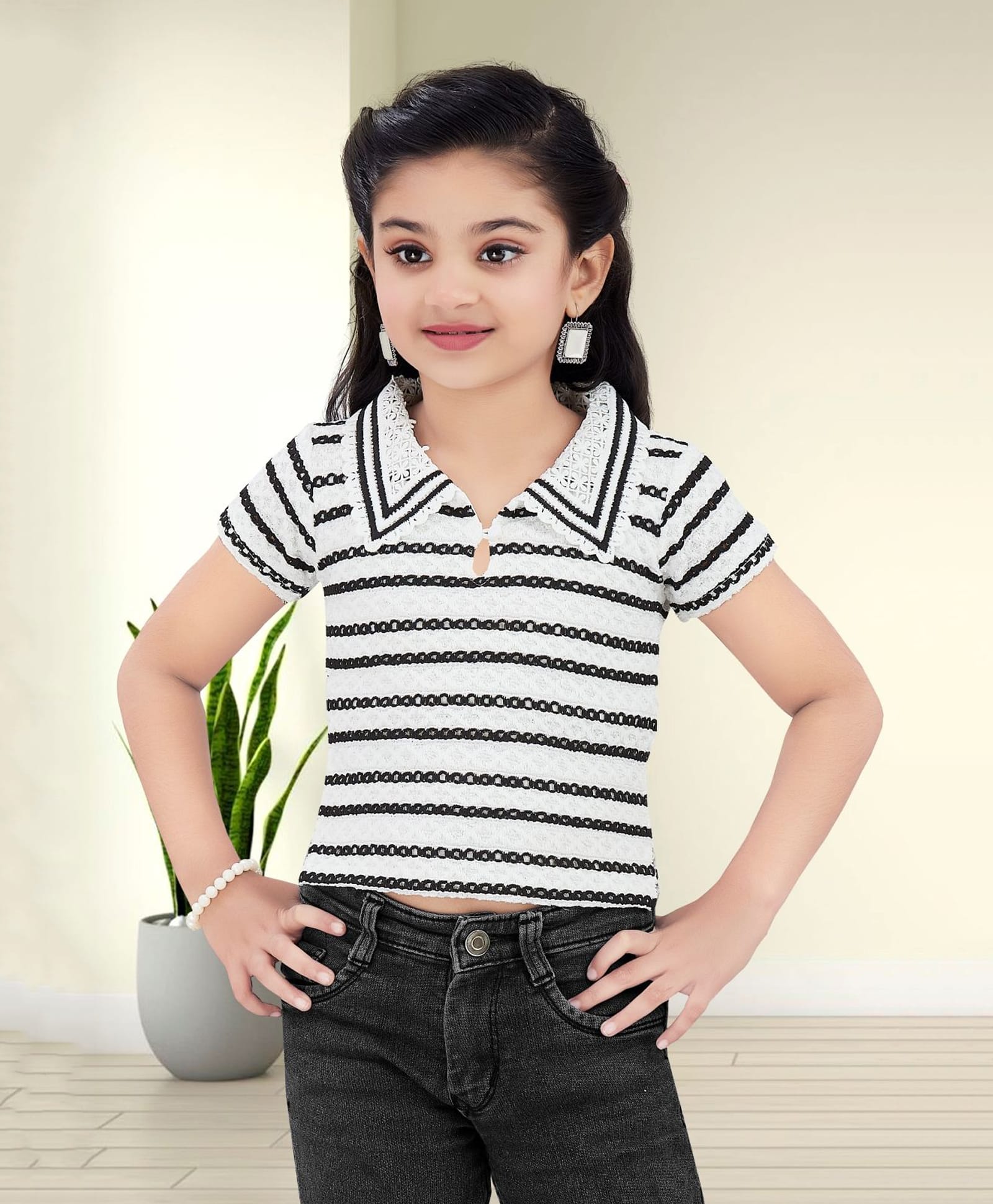 Lei-Chie Knit Half Sleeves Striped Tee - White-image-38
