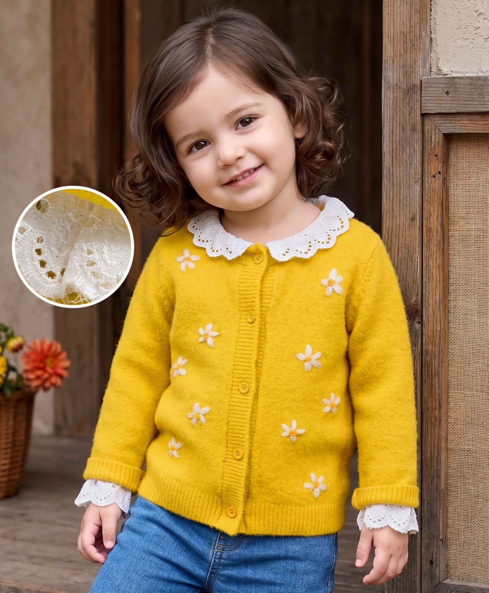 Babyhug Knit Full Sleeves Front Open Sweater with Lace & Floral Embroidery Design - Yellow-image-35