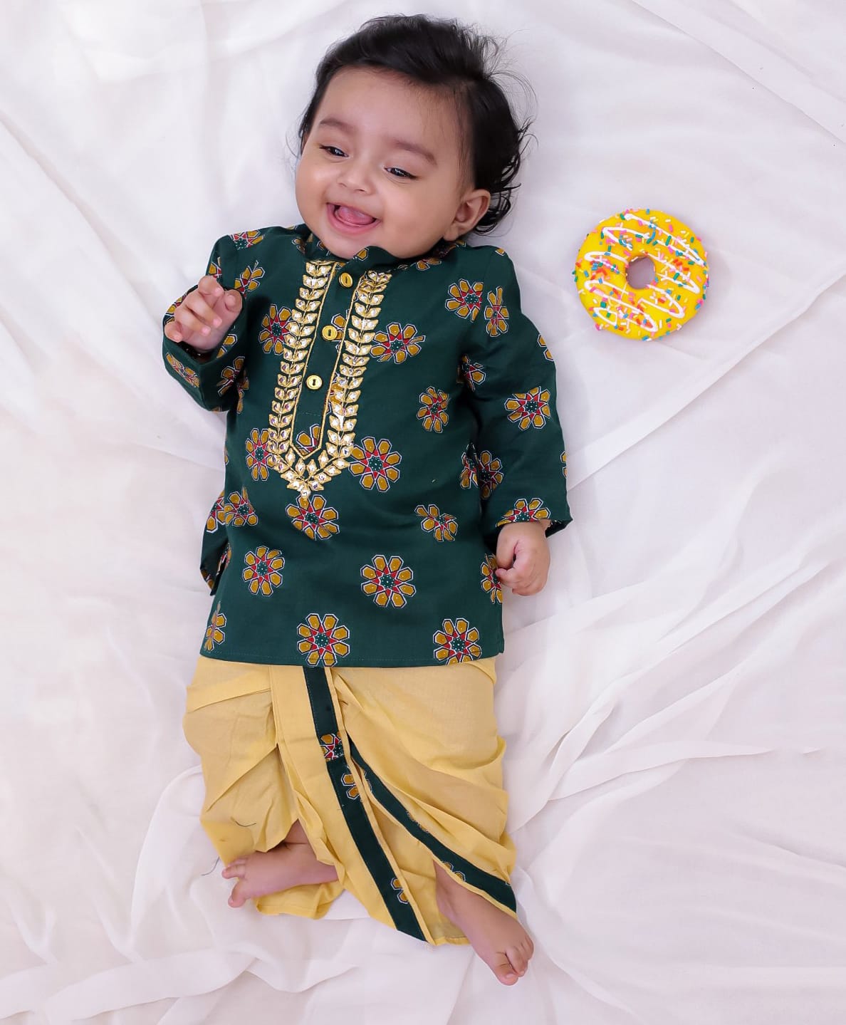 KID1 Cotton Woven Full Sleeves Floral Printed Kurta & Dhoti Set - Green-picture-37