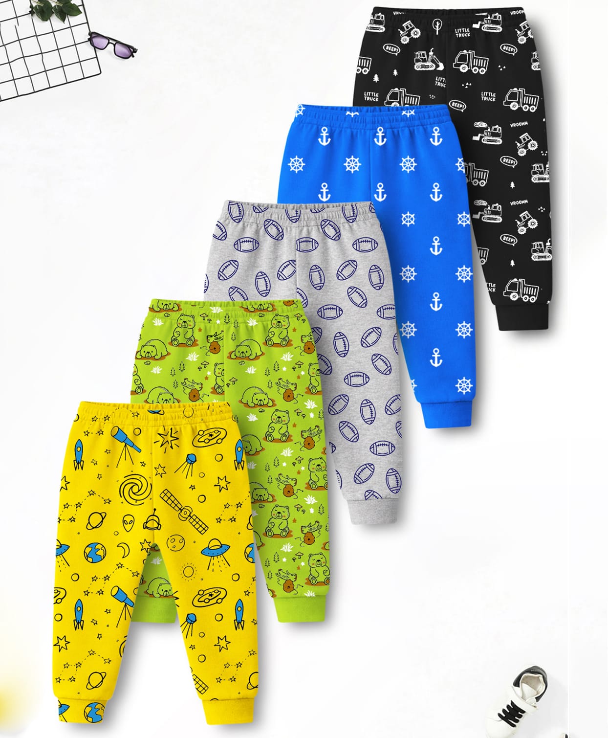 Trampoline Cotton Blend Knit Pack Of 5 Football Bear & Space Theme Printed Pajamas - Multi Colour-image-7