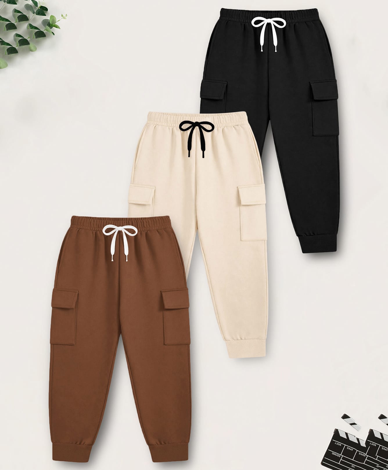 Trampoline Cotton Blend Knit Pack Of 3 Solid Cargo Style Joggers - Brown Cream & Black-picture-26