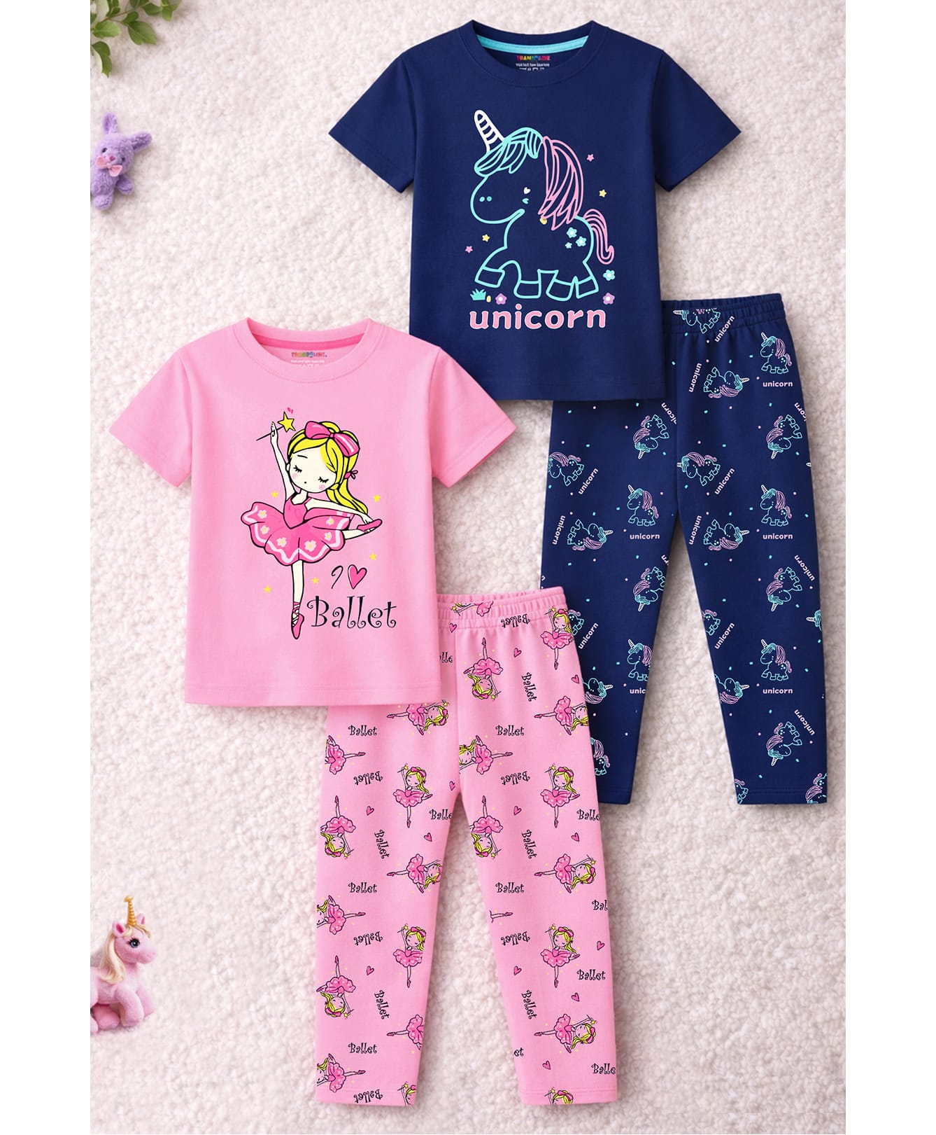 Trampoline Cotton Blend Knit Pack Of 2 Half Sleeves Unicorn & Ballerina Printed Tee & Pants Set - Pink & Blue-image-30