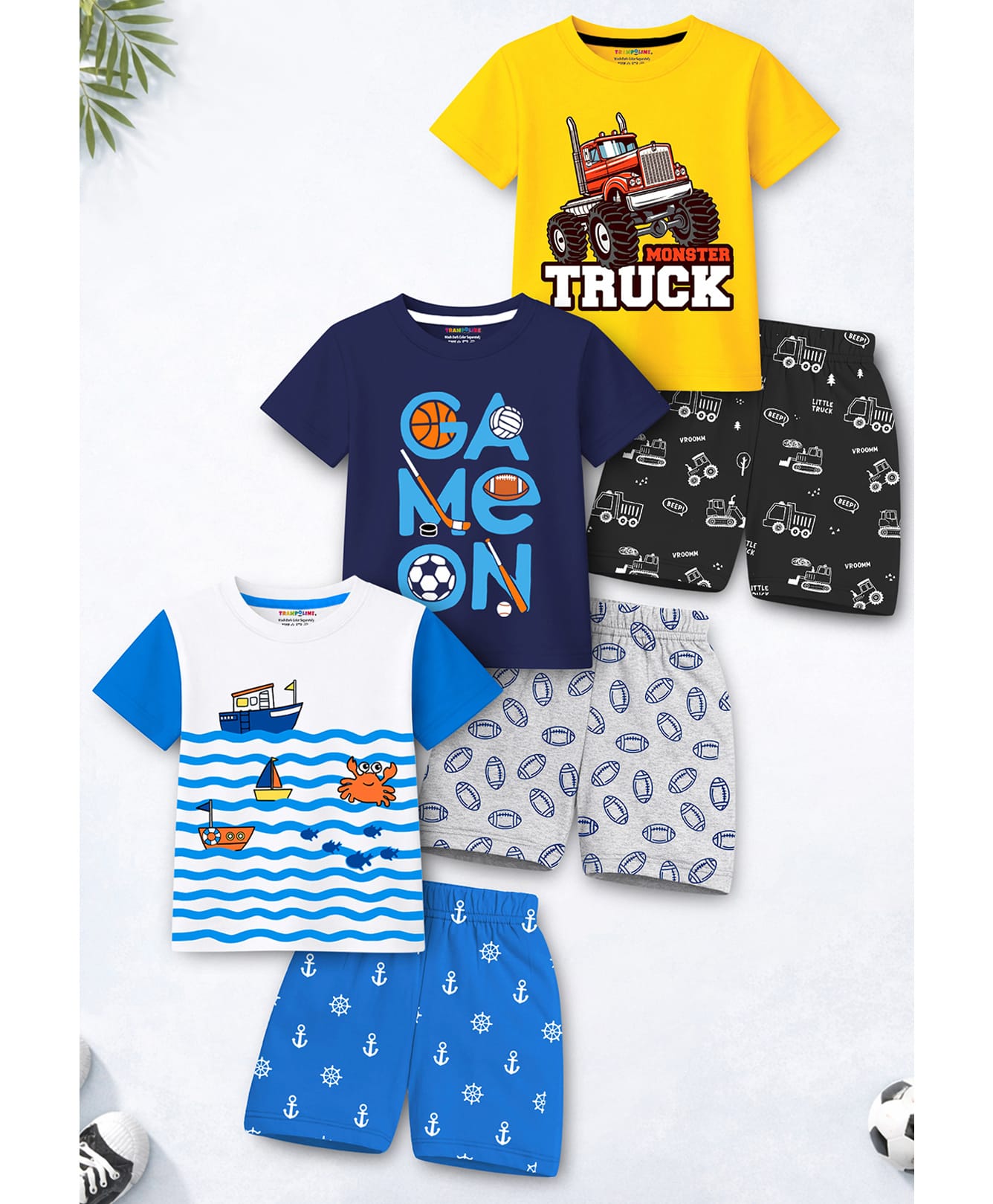 Trampoline Cotton Blend Knit Pack Of 3 Half Sleeves Monster Truck & Beach Theme Printed Tee & Shorts Set - Multi Colour-image-29