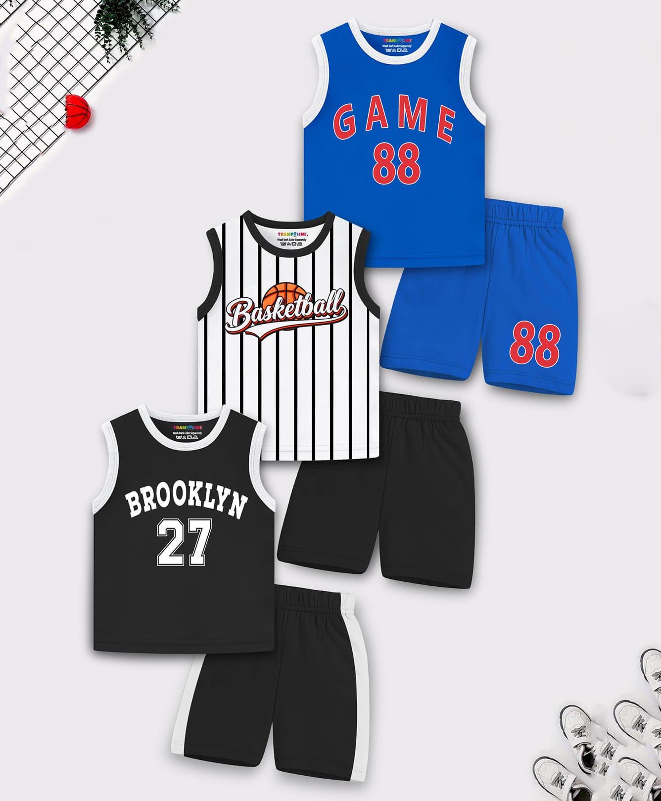 Trampoline Cotton Blend Knit Pack Of 3 Sleeveless Brooklyn & Basketball Text Printed Tee & Shorts Set - Blue/Black/White-image-12