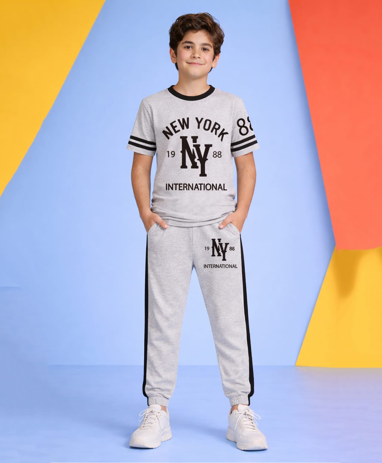 Trampoline Cotton Blend Knit Half Sleeves New York Text Printed Tee & Joggers Set - Grey-image-5