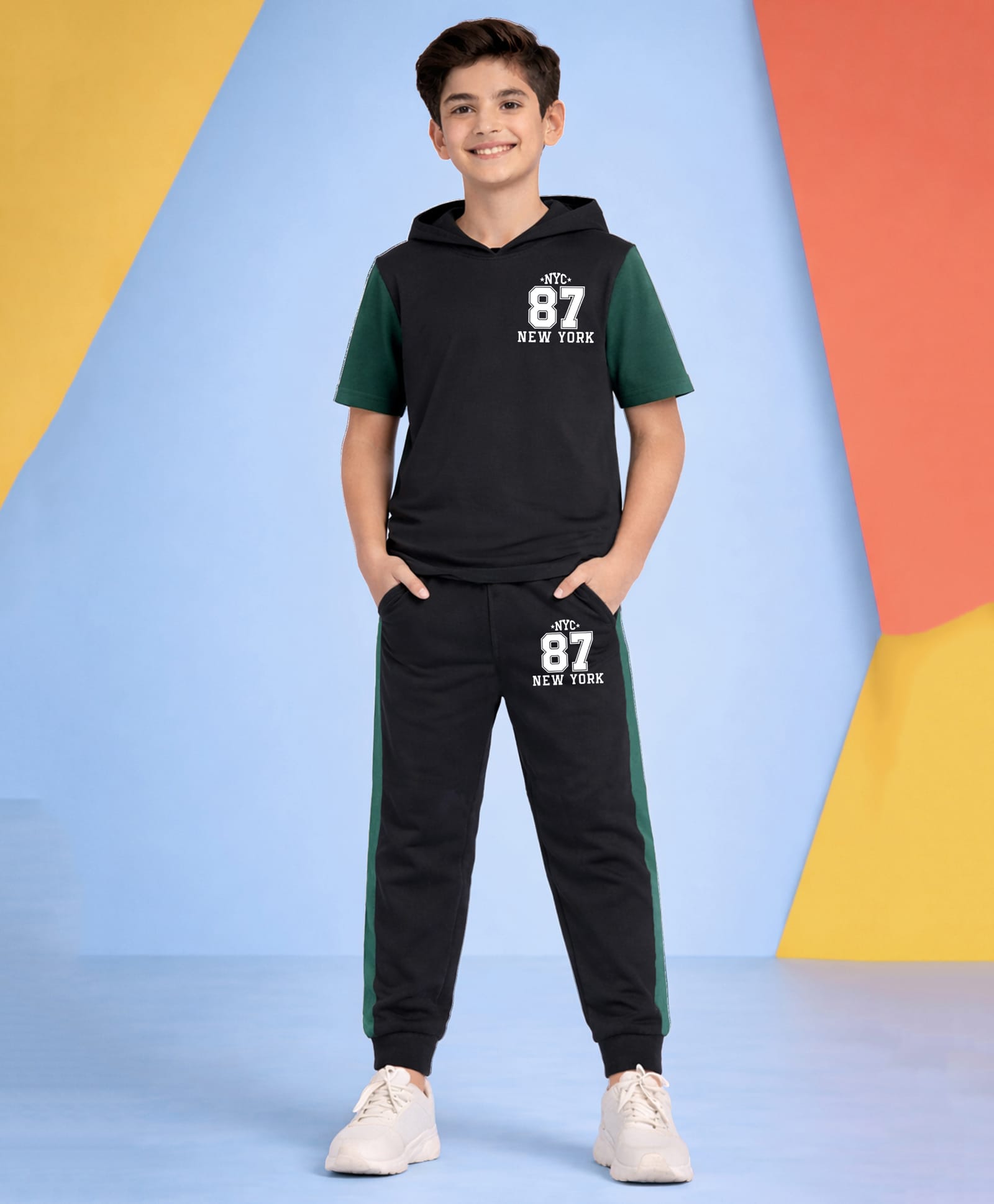Trampoline Cotton Blend Knit Half Sleeves 87 Number Printed Hooded Tee & Joggers Set - Green & Black-picture-22