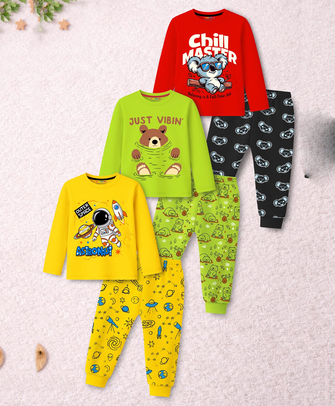 Trampoline Cotton Blend Knit Pack Of 3 Full Sleeves Bear & Space Theme Printed Tee & Joggers Set - Multi Colour-image-3
