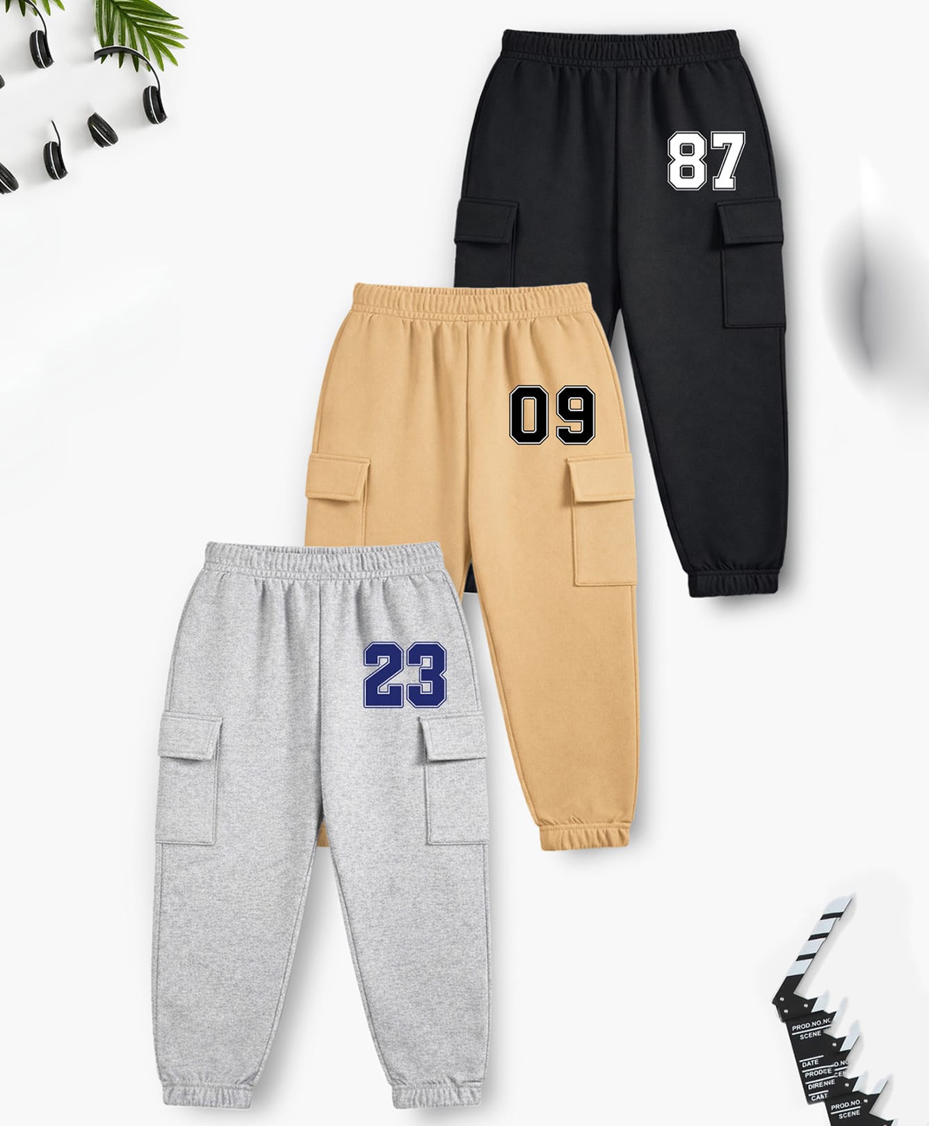 Trampoline Cotton Blend Knit Pack Of 3 87 & 23 Number Printed Cargo Style Joggers - Grey Beige & Black-picture-39