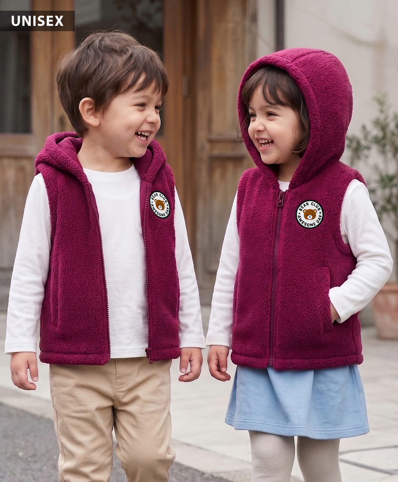 Babyhug Knit Sleeveless Fur Hooded Sherpa Jacket with Bear Badge - Maroon-image-23
