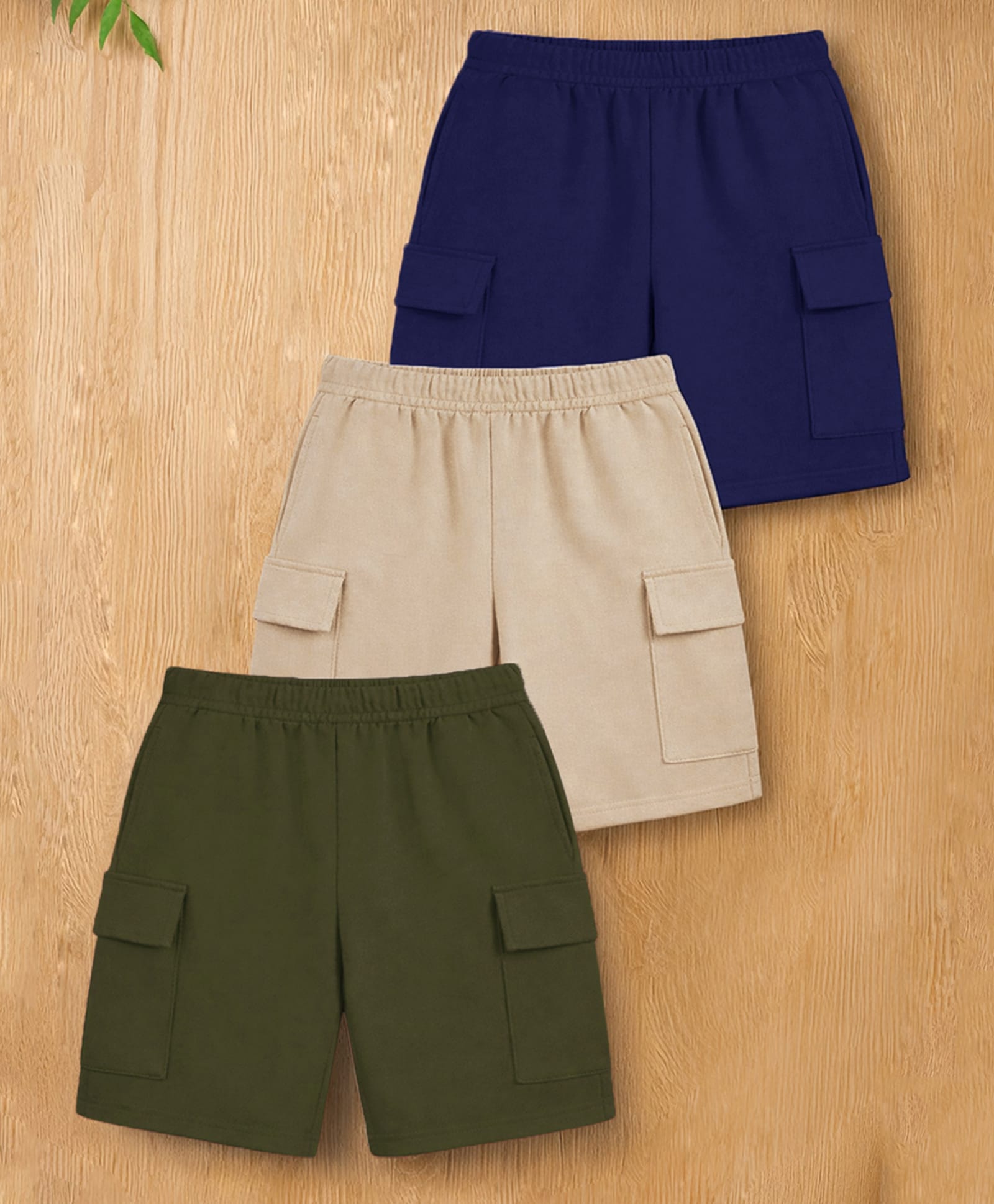 Trampoline Cotton Blend Knit Pack Of 3 Solid Cargo Shorts - Beige Blue & Green-picture-28