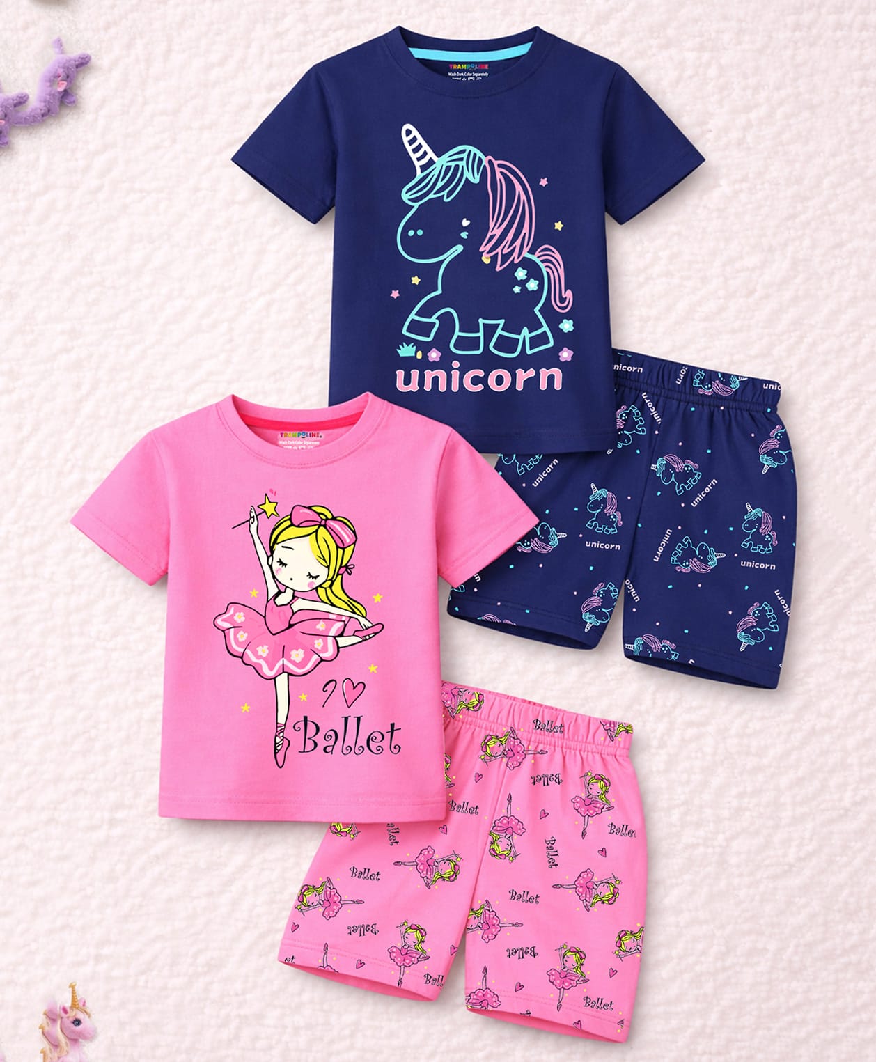 Trampoline Cotton Blend Knit Pack Of 2 Half Sleeves Unicorn & Ballerina Printed Tee & Shorts Set - Pink & Blue-image-5