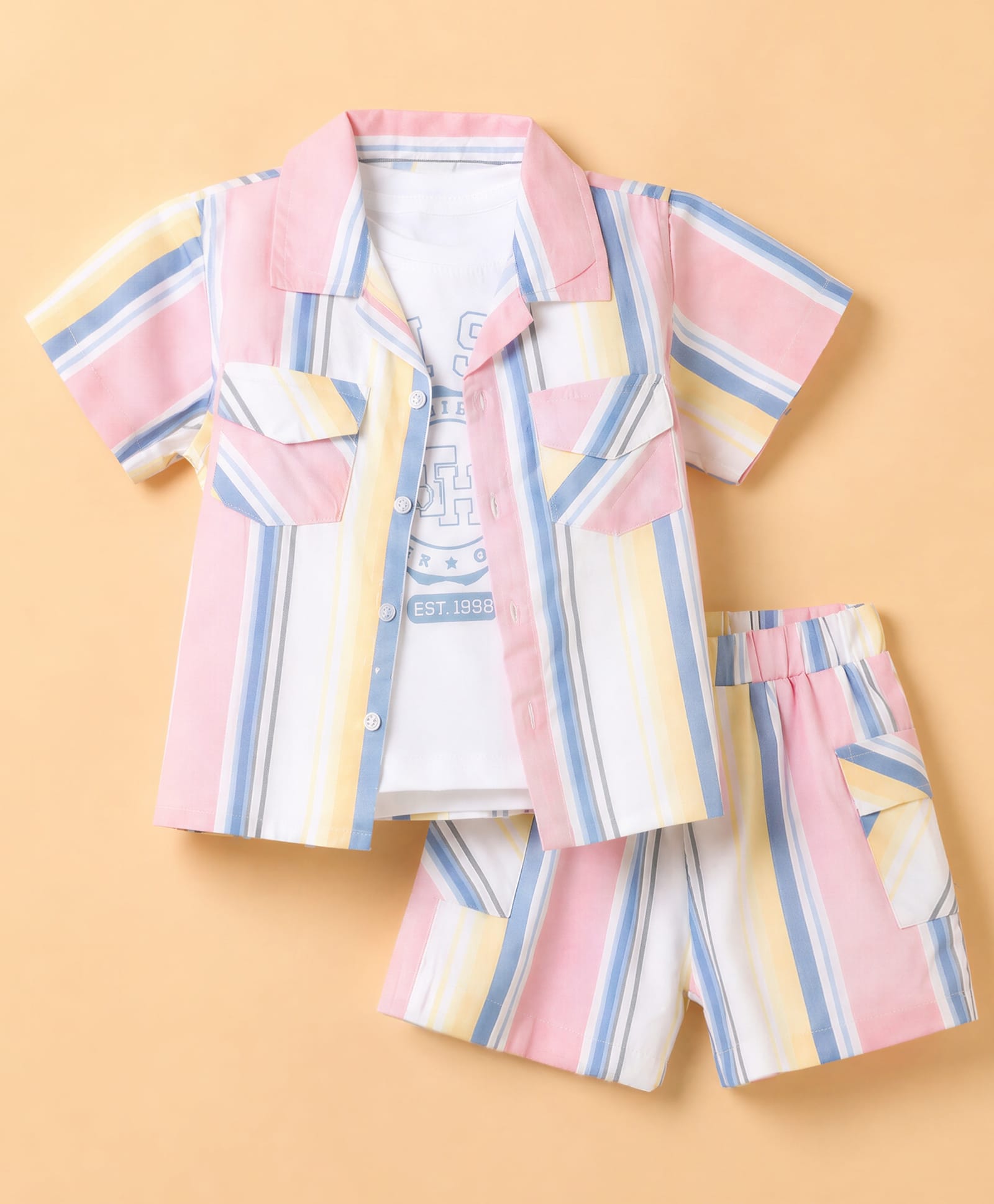 ToffyHouse Sinker Woven Half Sleeves Striped Shirt & Shorts Set With Printed Inner Tee - White & Pink-picture-39