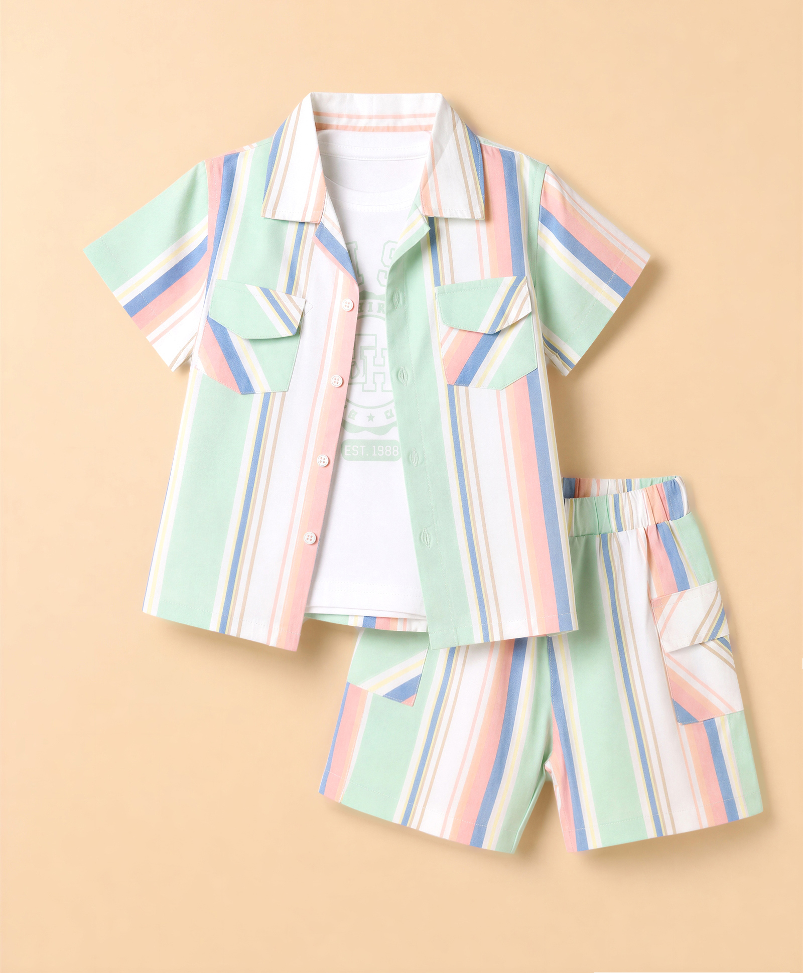 ToffyHouse Sinker Woven Half Sleeves Striped Shirt & Shorts Set With Printed Inner Tee - White, Sea Green & Pink-image-23
