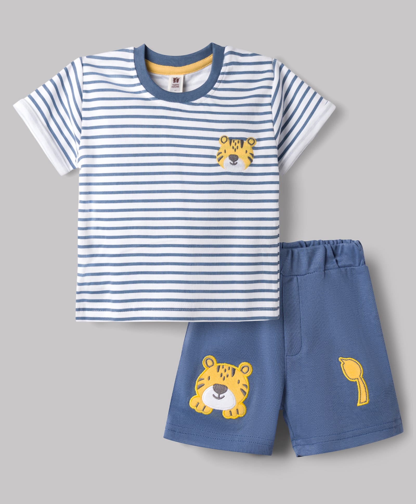 ToffyHouse Interlock Knit Half Sleeves Striped & Tiger Embroidered T-Shirt & Shorts Set - Blue-picture-12
