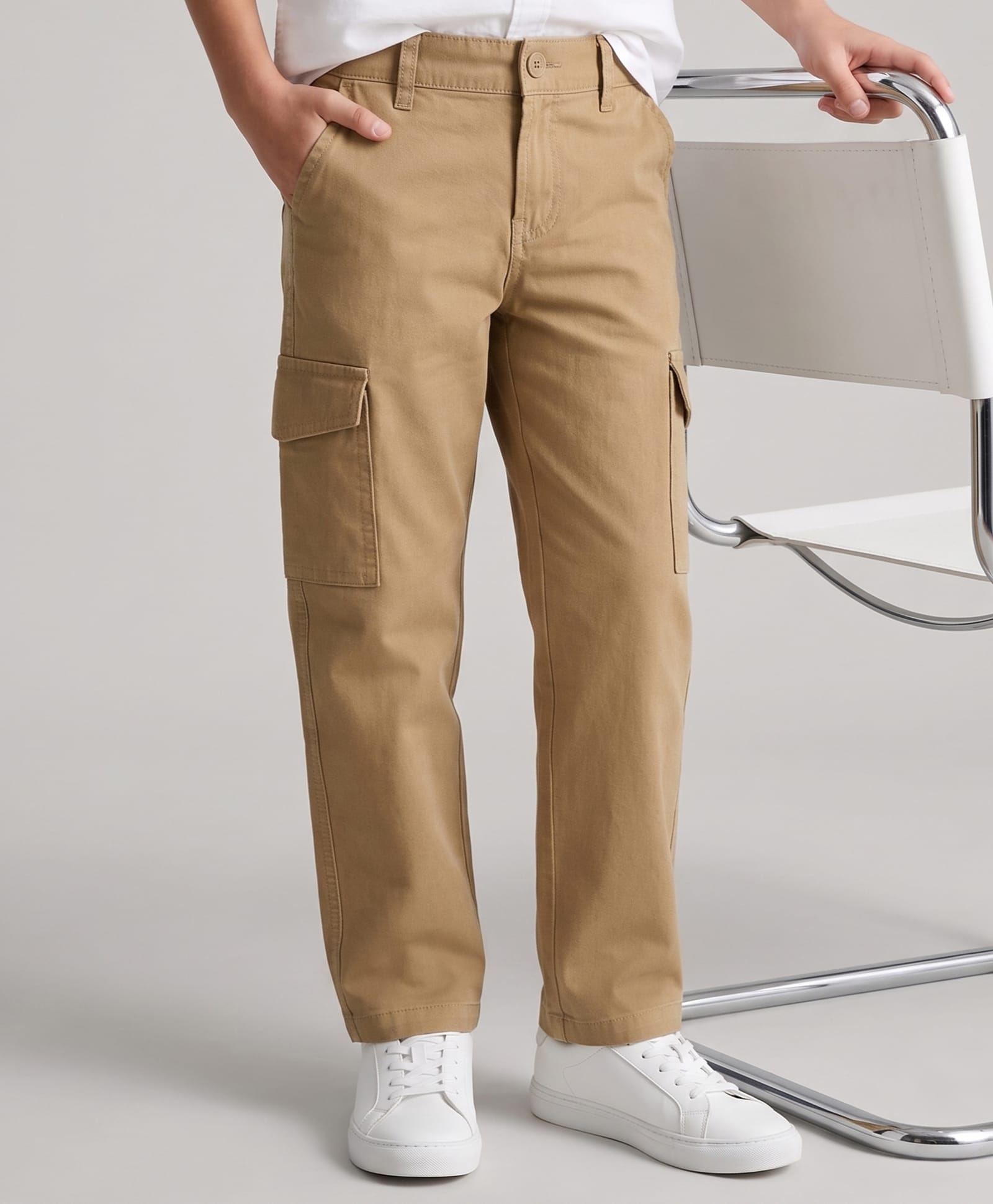 Pine Kids Cotton Elastane Woven Full Length Solid Color Trouser with Cargo Pockets - Beige-picture-28