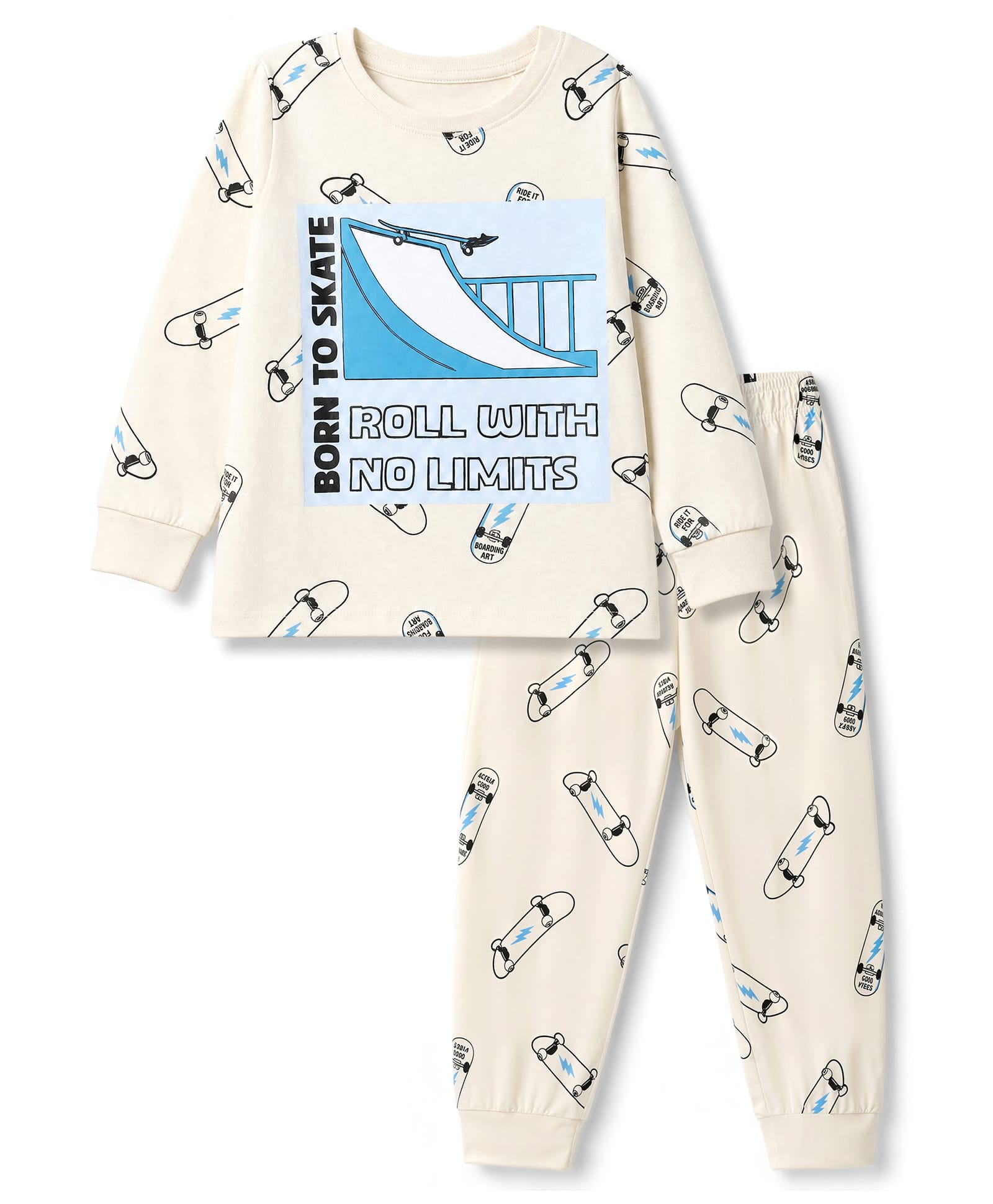 Primo Gino 100% Cotton Knit Full Sleeves T -Shirt & Pyjama Night Suit with Skate Board Print - Offwhite-image-32
