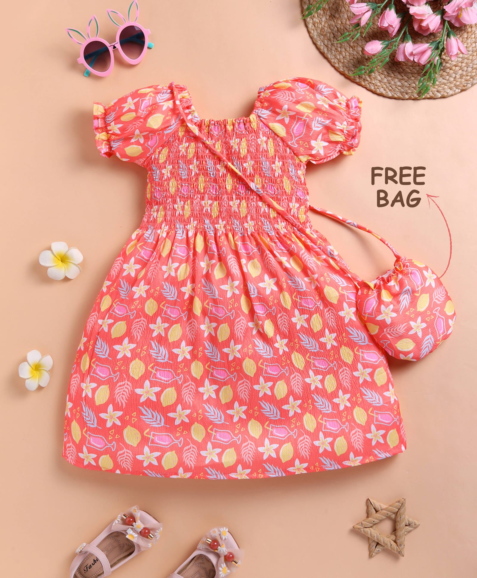 blushh berry Cotton Woven Puffed Sleeves Floral & Leaves Printed Dress With Sling Bag - Orange-image-26