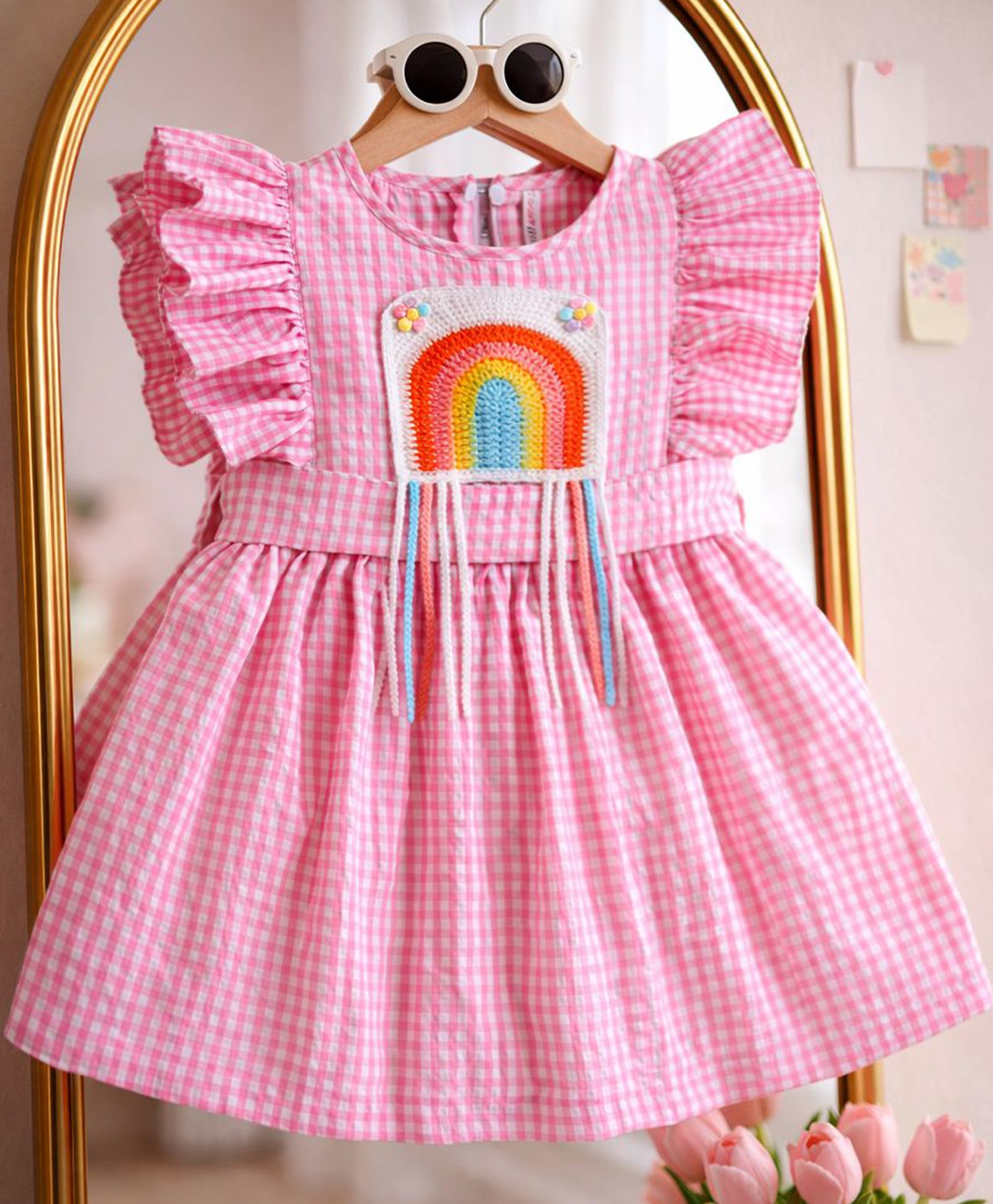 TOONYPORT Cotton Woven Sleeveless Frill Detailed & Rainbow Embroidered Checked Dress - Pink-image-19