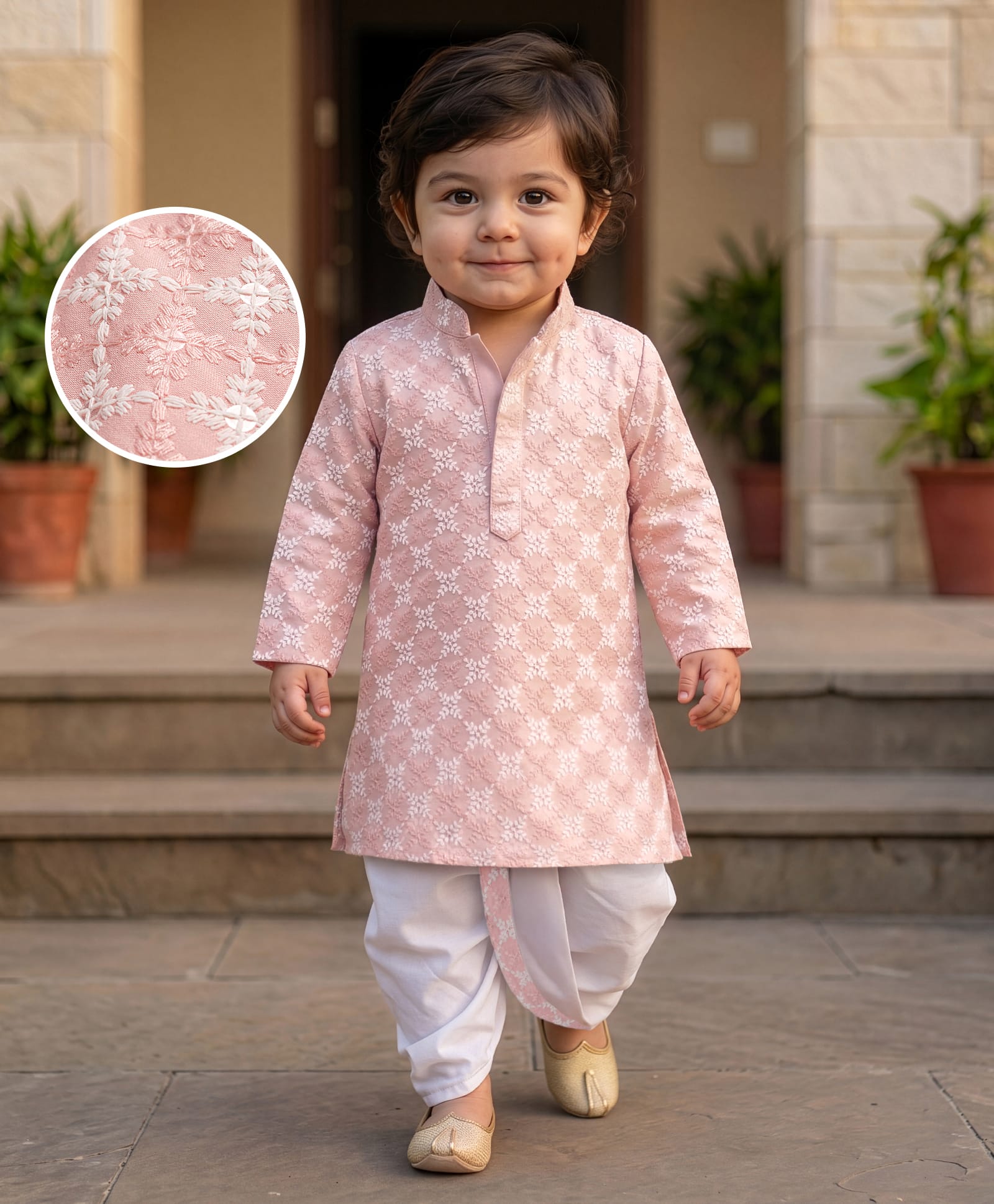 EARTHY TOUCH Cotton Woven Full Length Floral Embroidered Kurta & Dhoti Set - Pink-picture-19