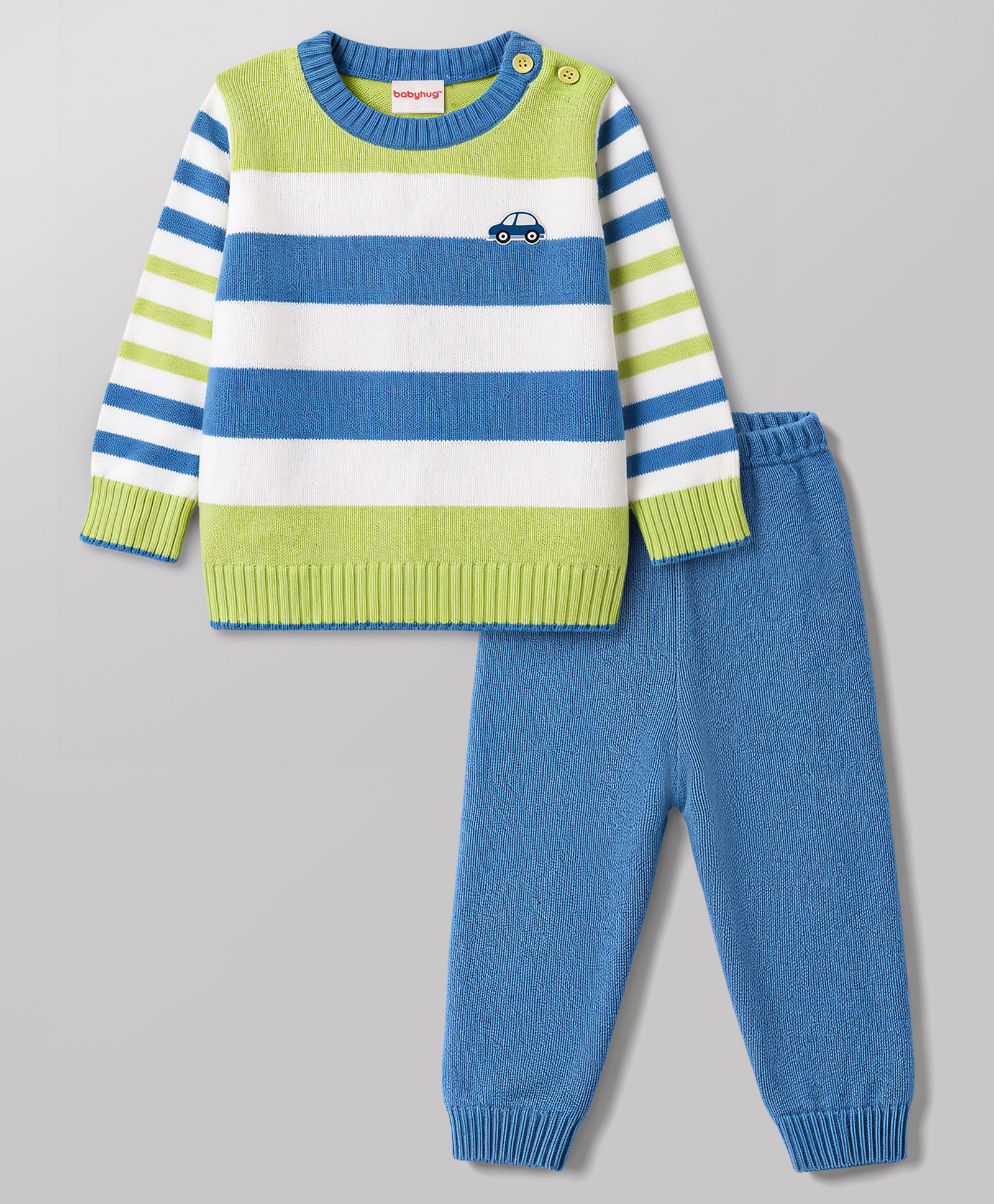 Babyhug Knitted Full Sleeves Striped & Car Designed Sweater Set - Blue-picture-18