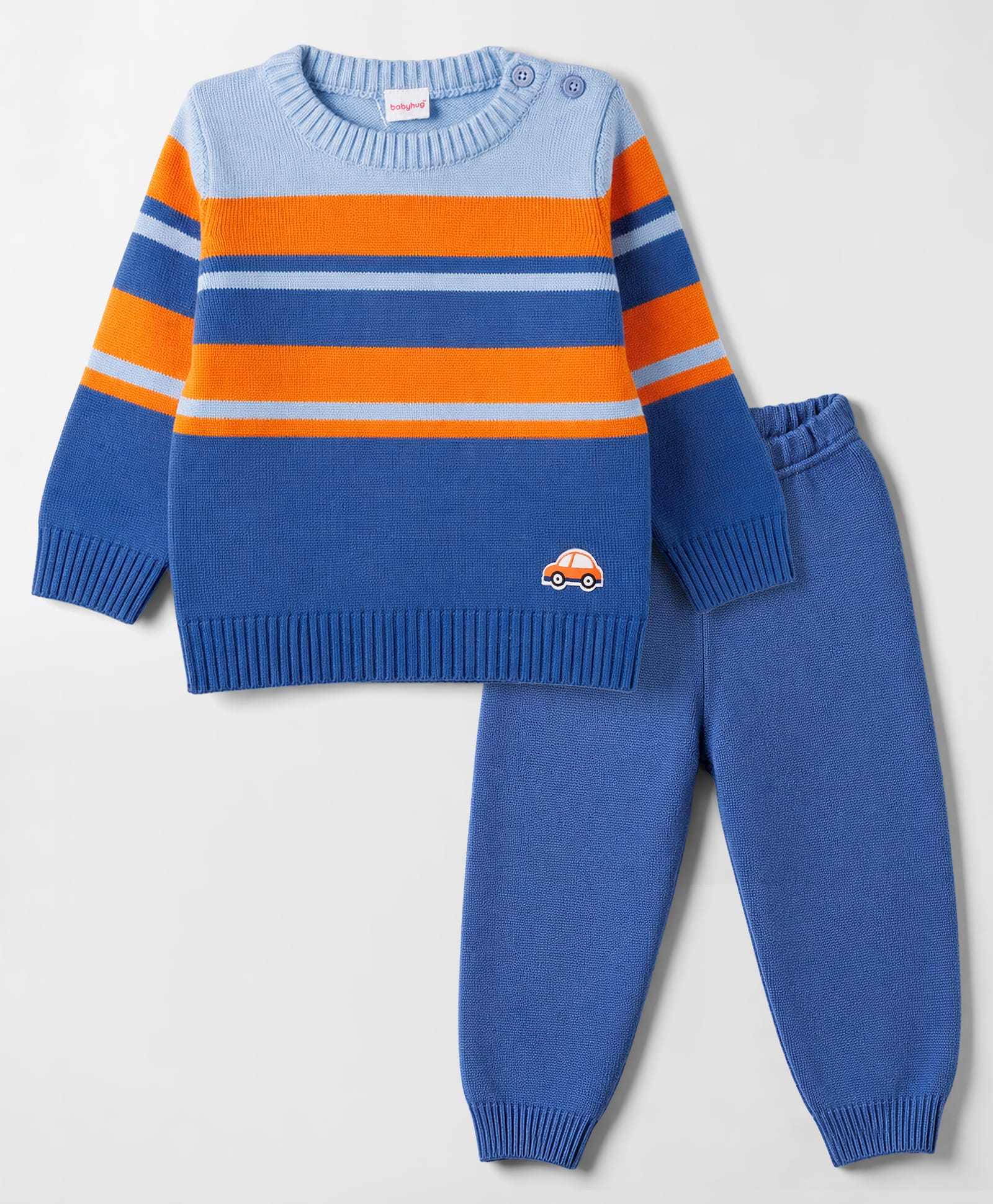 Babyhug Knitted Full Sleeves Striped & Car Designed Sweater Set - Blue-image-36