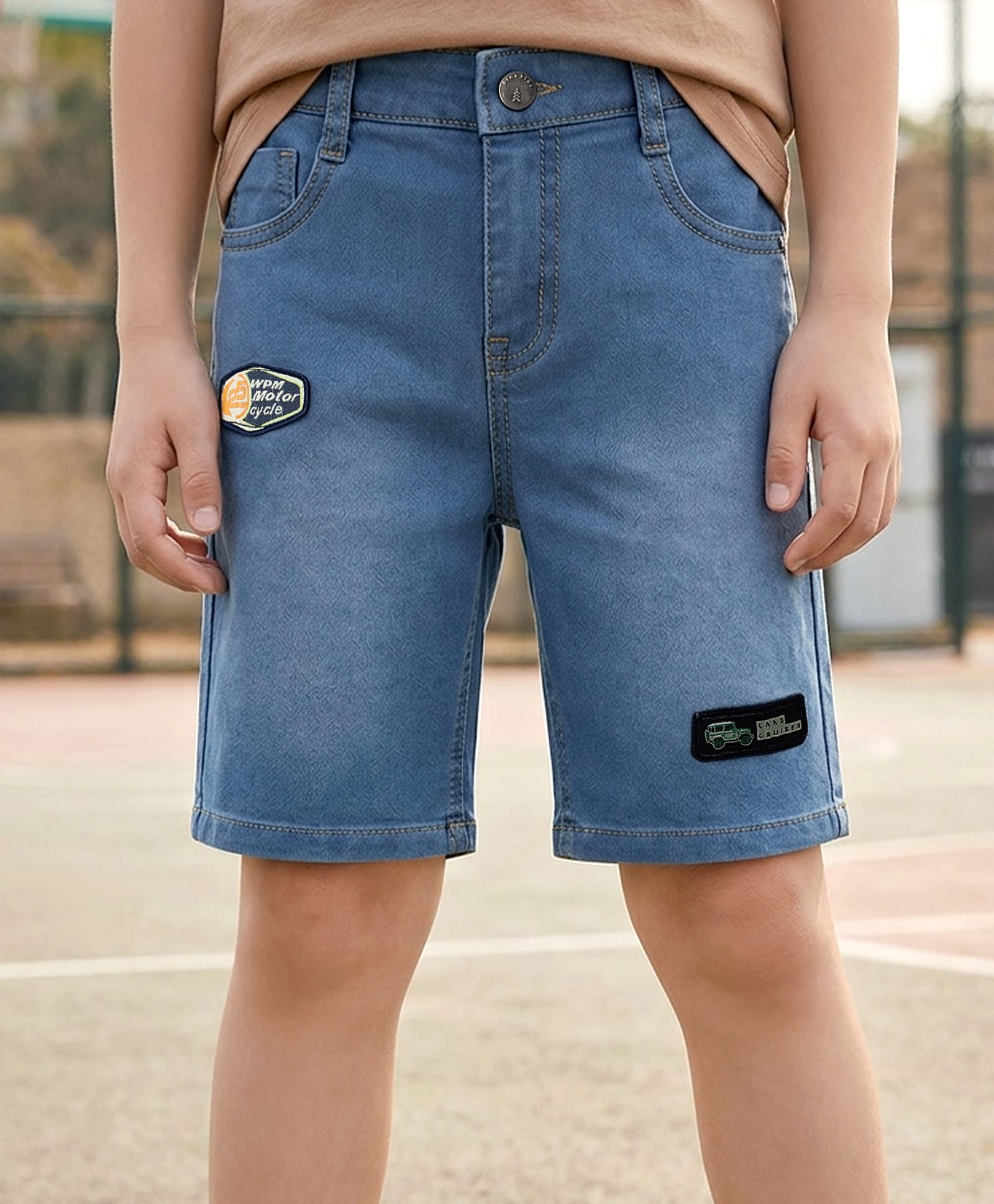 Pine Kids Denim Woven Knee Length Solid Shorts With Patch Detailing - Light Blue-picture-10