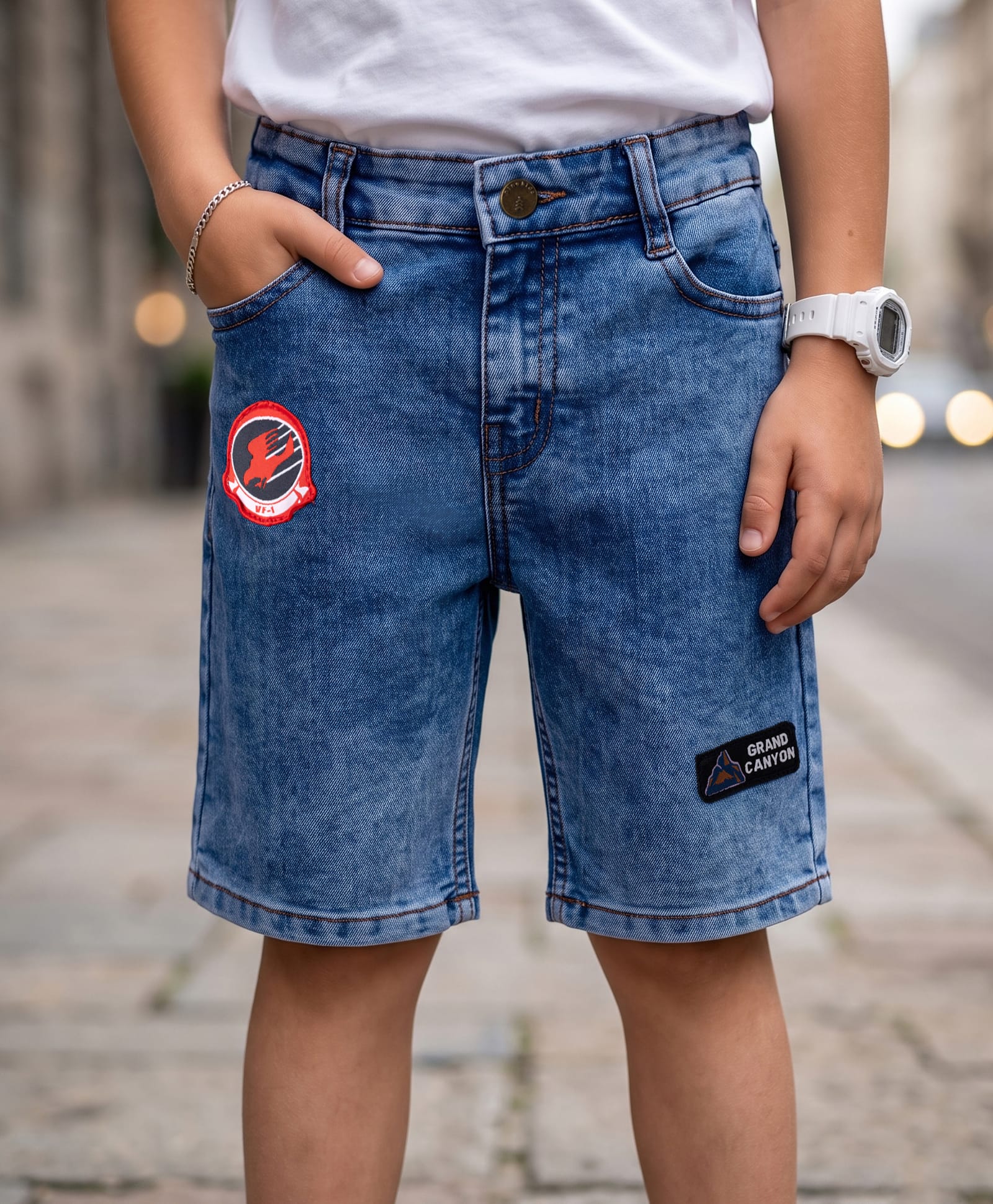 Pine Kids Denim Woven Knee Length Shorts with Badge Detailing - Blue-picture-26