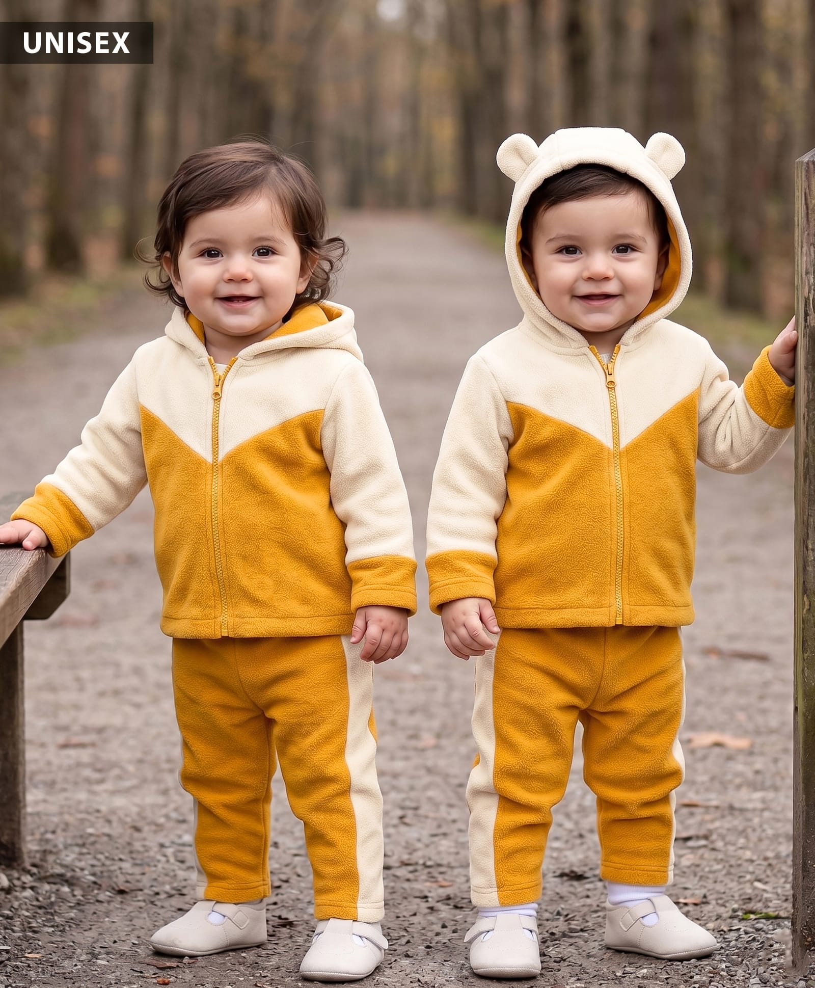 Babyhug Full Sleeves Hooded Sweat Jacket & Lounge Pant Set with Cut & Sew & Colour Block Design - Mustard & Cream-image-12