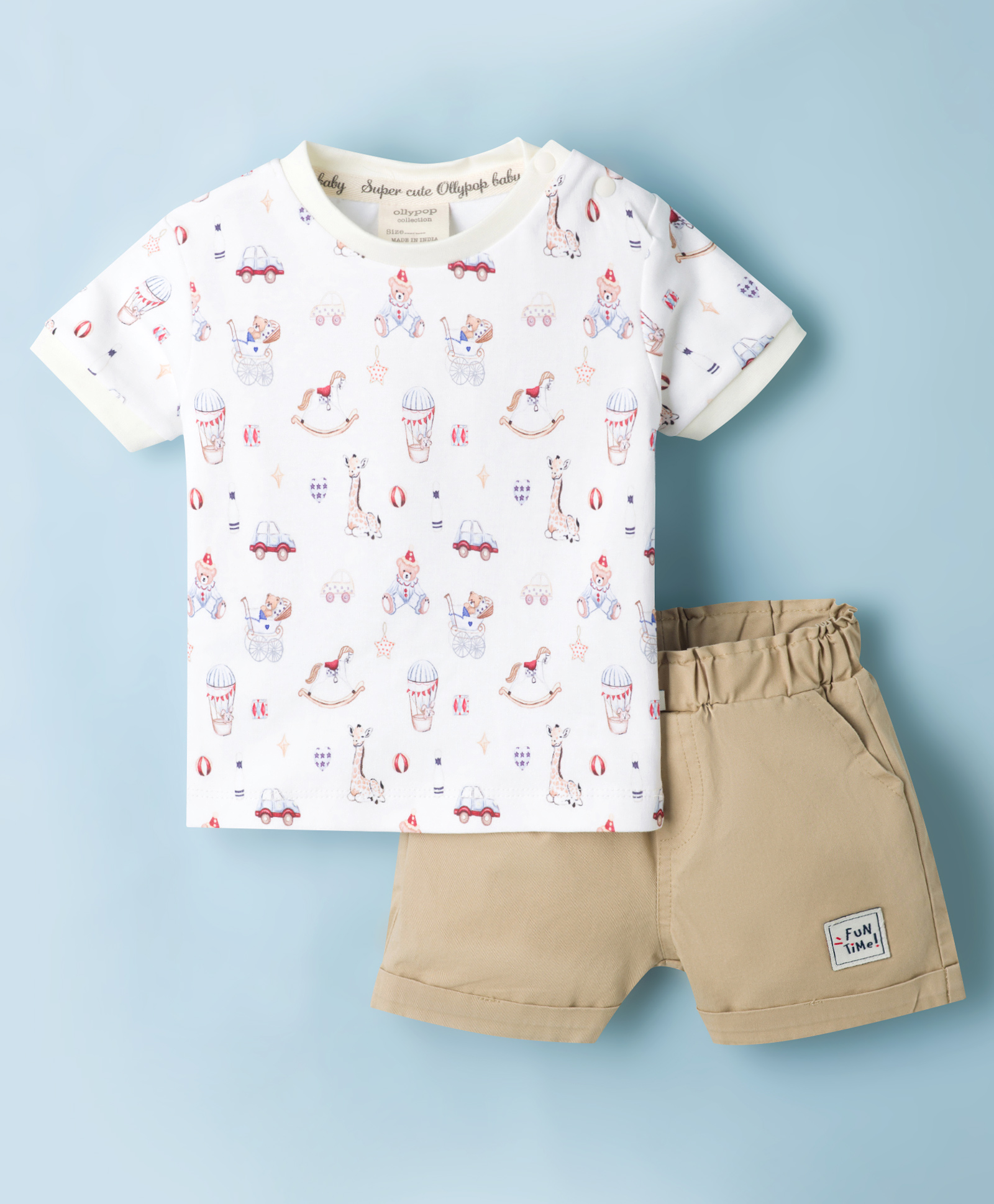Ollypop Cotton Knit Half Sleeves Toys Printed T-Shirt & Shorts Set - Cream & Khaki-picture-3