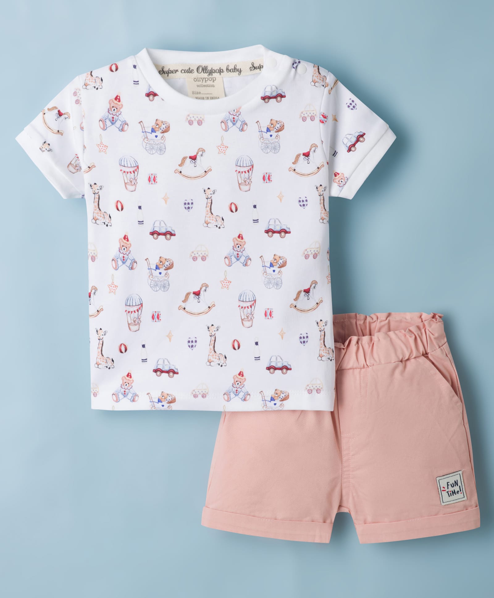 Ollypop Cotton Knit Half Sleeves Toys Printed T-Shirt & Shorts Set - White & Pink-picture-6