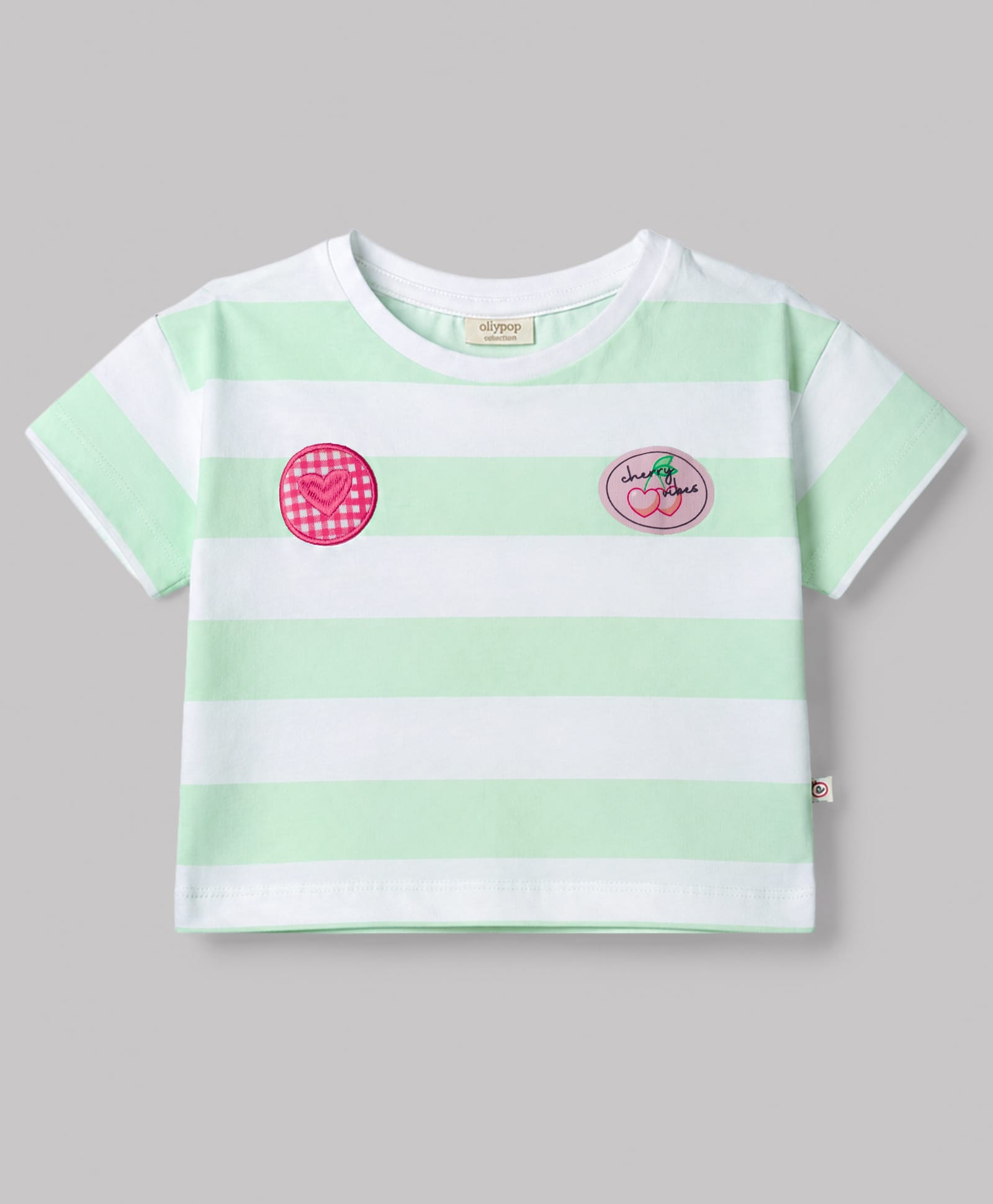 Ollypop Cotton Knit Half Sleeves Striped T-Shirt With Hearts Embroidered & Cherry Printed Oversized T-Shirt - Light Green-picture-28