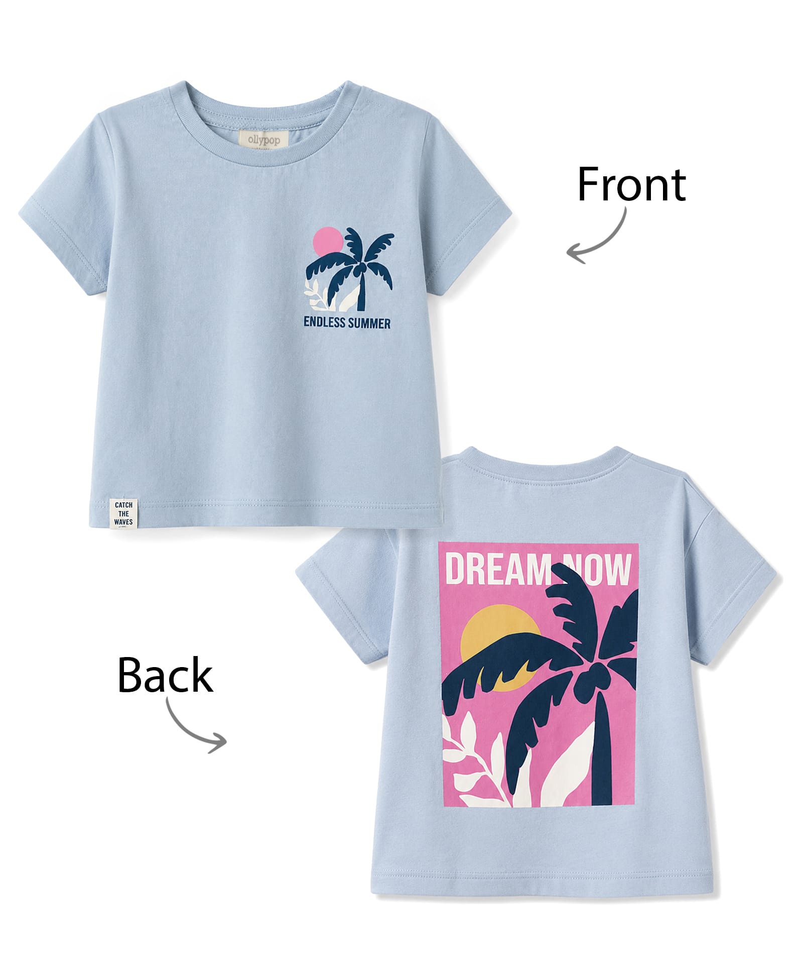 Ollypop Cotton Knit Half Sleeves Oversized Drop Shoulder T-Shirt with Summer Print - Light Blue-picture-42