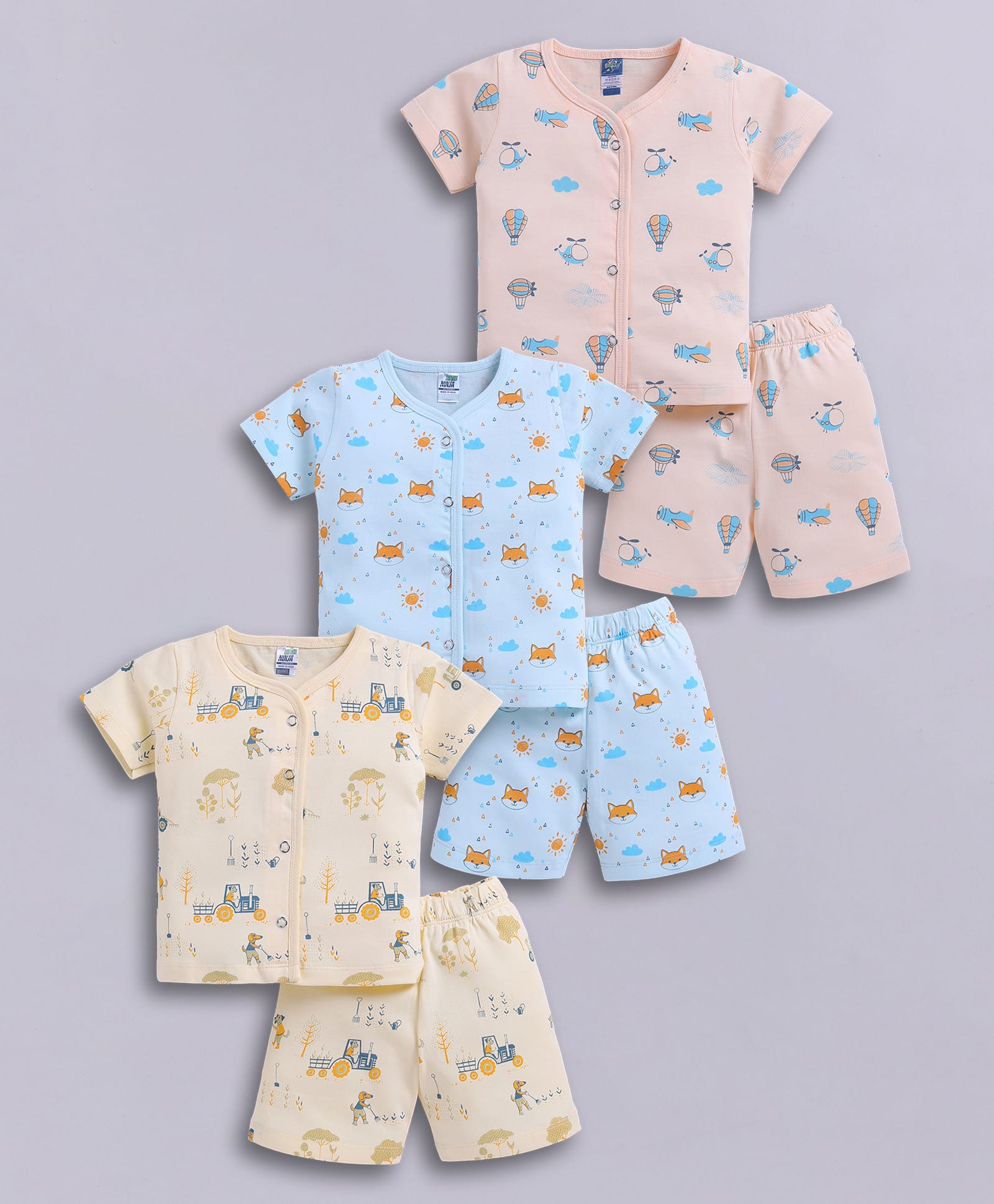 Little Ninja Cotton Knit Pack Of 3 Half Sleeves Animals & Flight Theme Printed Coordinating Tees & Shorts Night Suit - Multi Colour-image-29