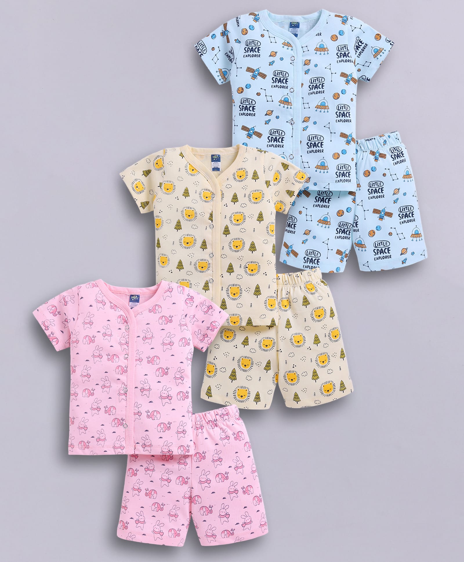 Little Ninja Cotton Knit Pack Of 3 Half Sleeves Animals & Space Theme Printed Coordinating Tees & Shorts Night Suit - Multi Colour-picture-28