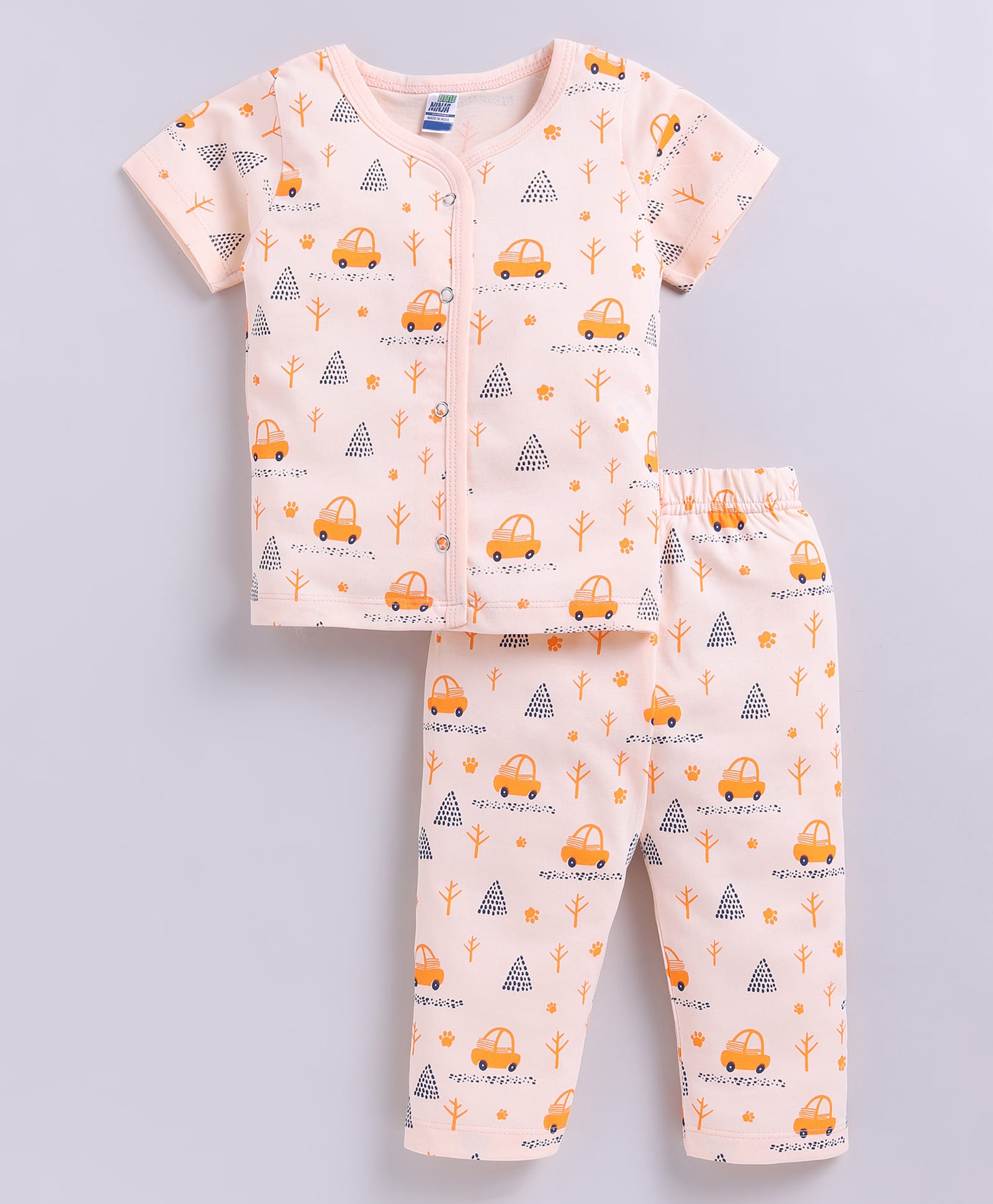 Little Ninja Cotton Knit Half Sleeves Cars Printed Coordinating Tee & Pajama Night Suit - Peach-picture-36