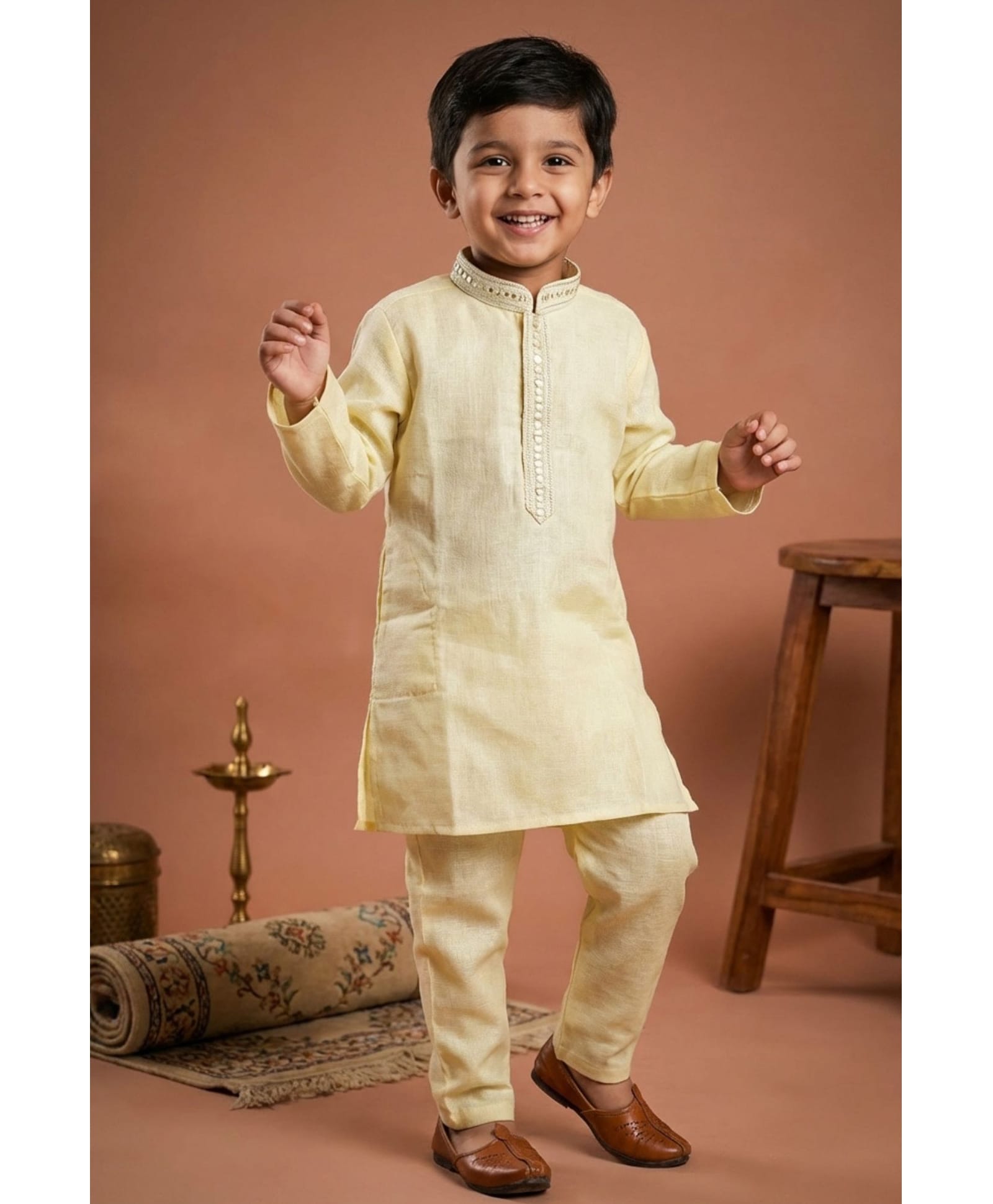 Lagorii Linen Woven Full Sleeves Solid Kurta Pyjama Set - Yellow-picture-10