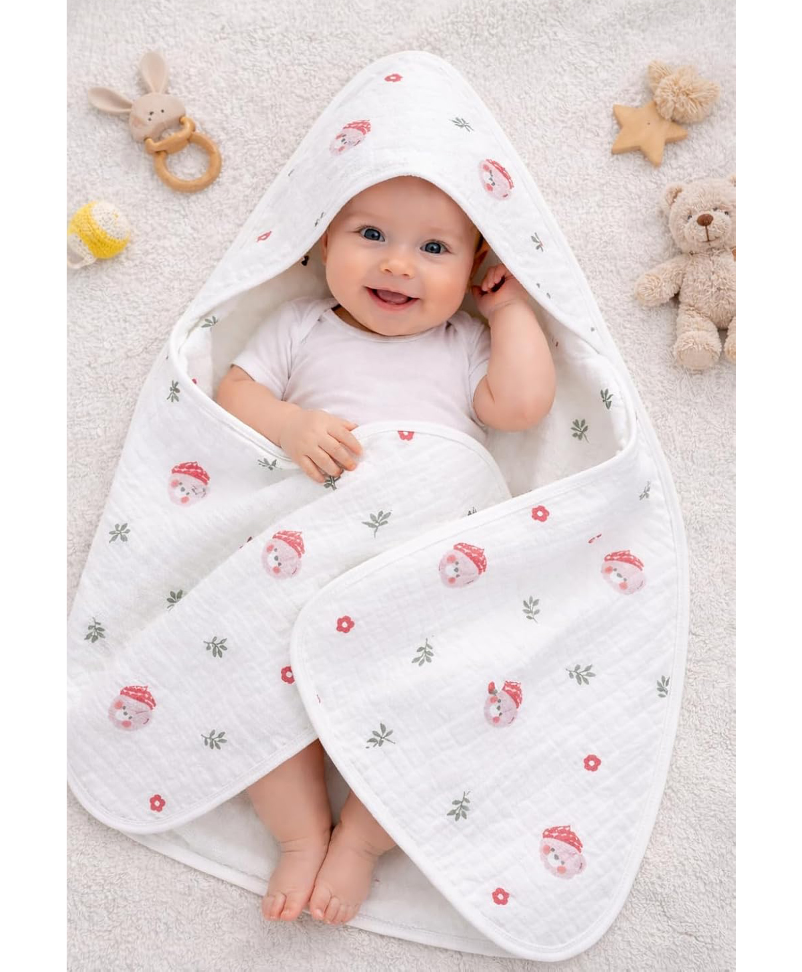 Teri Beri Baby Hooded Towel Soft Organic Cotton Baby Bath Towel with Hood, Ultra Absorbent Quick Dry Newborn Baby Blanket Wrap for Infants & Toddlers (80 x 80 cm) (White)-picture-31